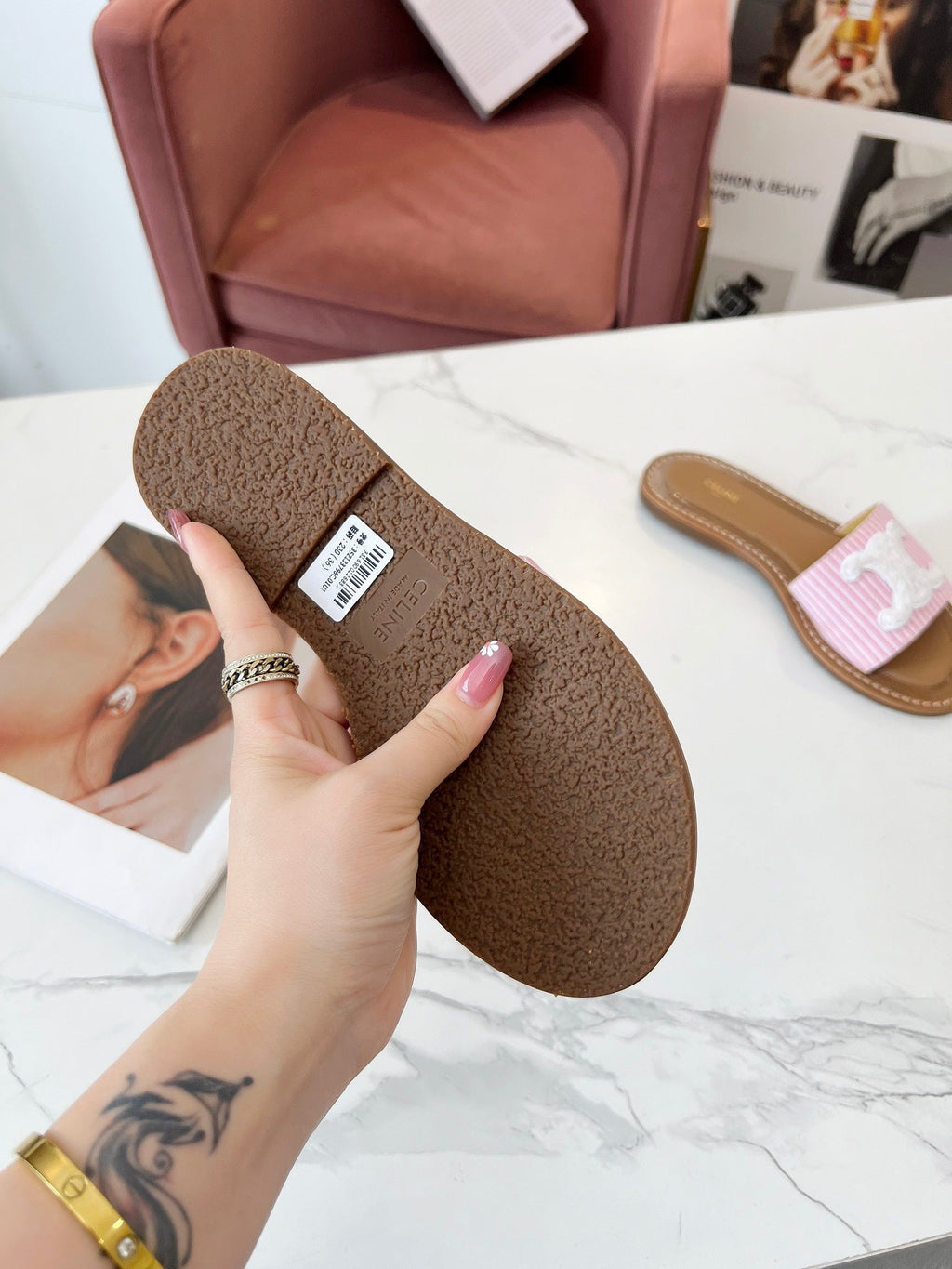 LYMPIA MULE STRIPED LIGHT PINK CANVAS WOOL LOGO