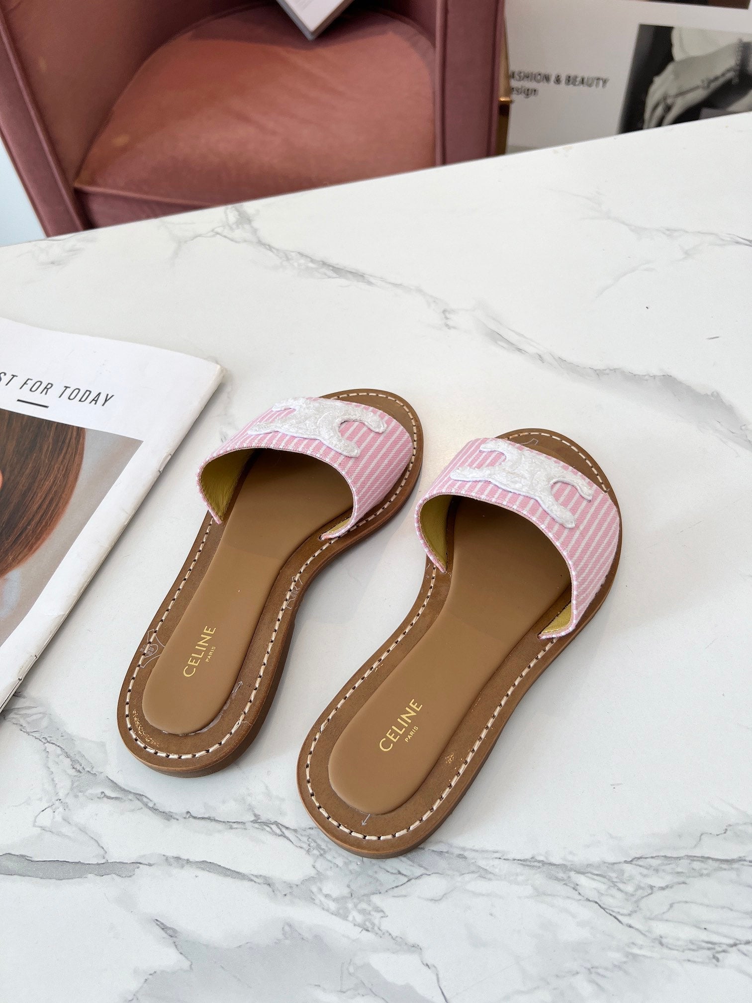 LYMPIA MULE STRIPED LIGHT PINK CANVAS WOOL LOGO