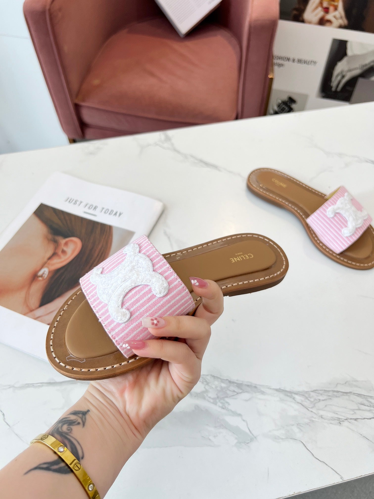 LYMPIA MULE STRIPED LIGHT PINK CANVAS WOOL LOGO