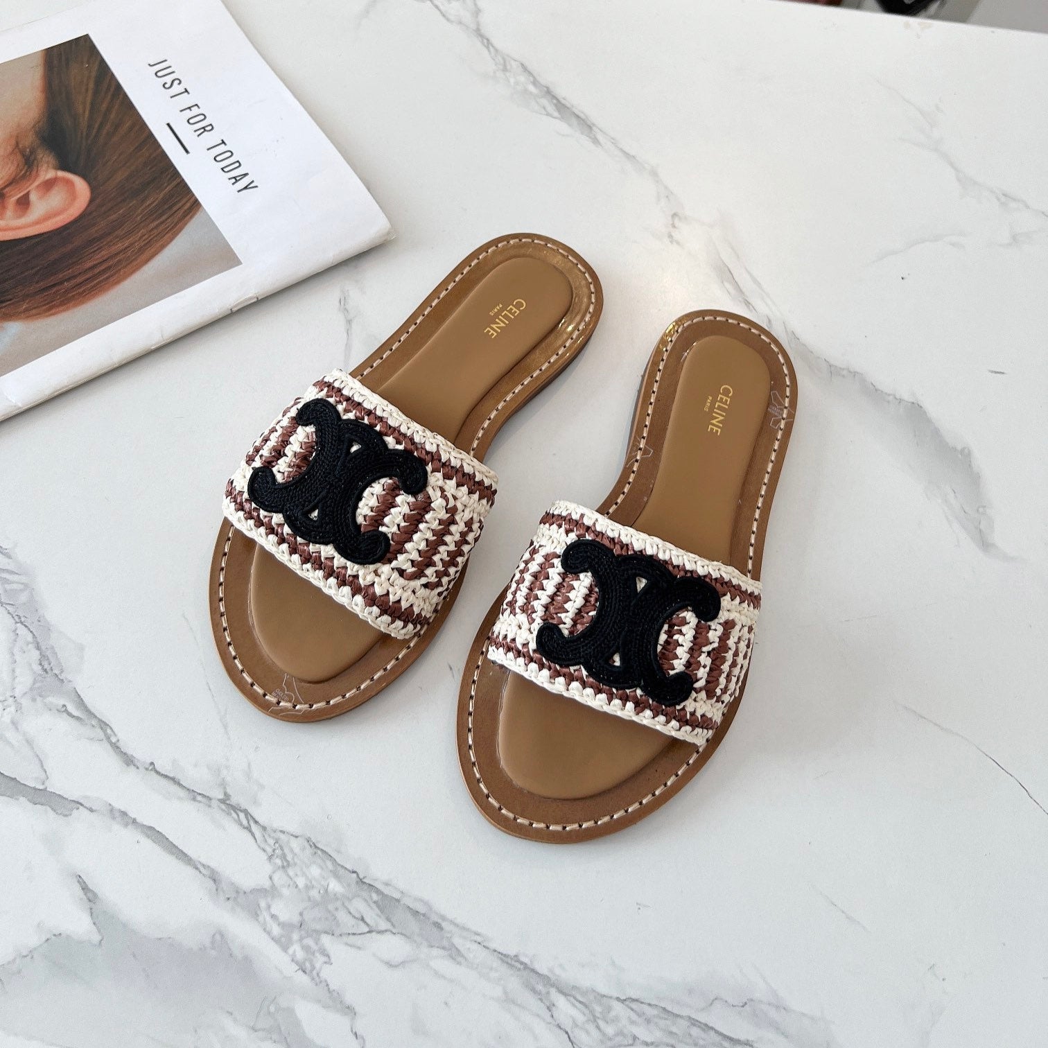 LYMPIA MULE WHITE MIX BROWN RAFFIA BLACK LOGO