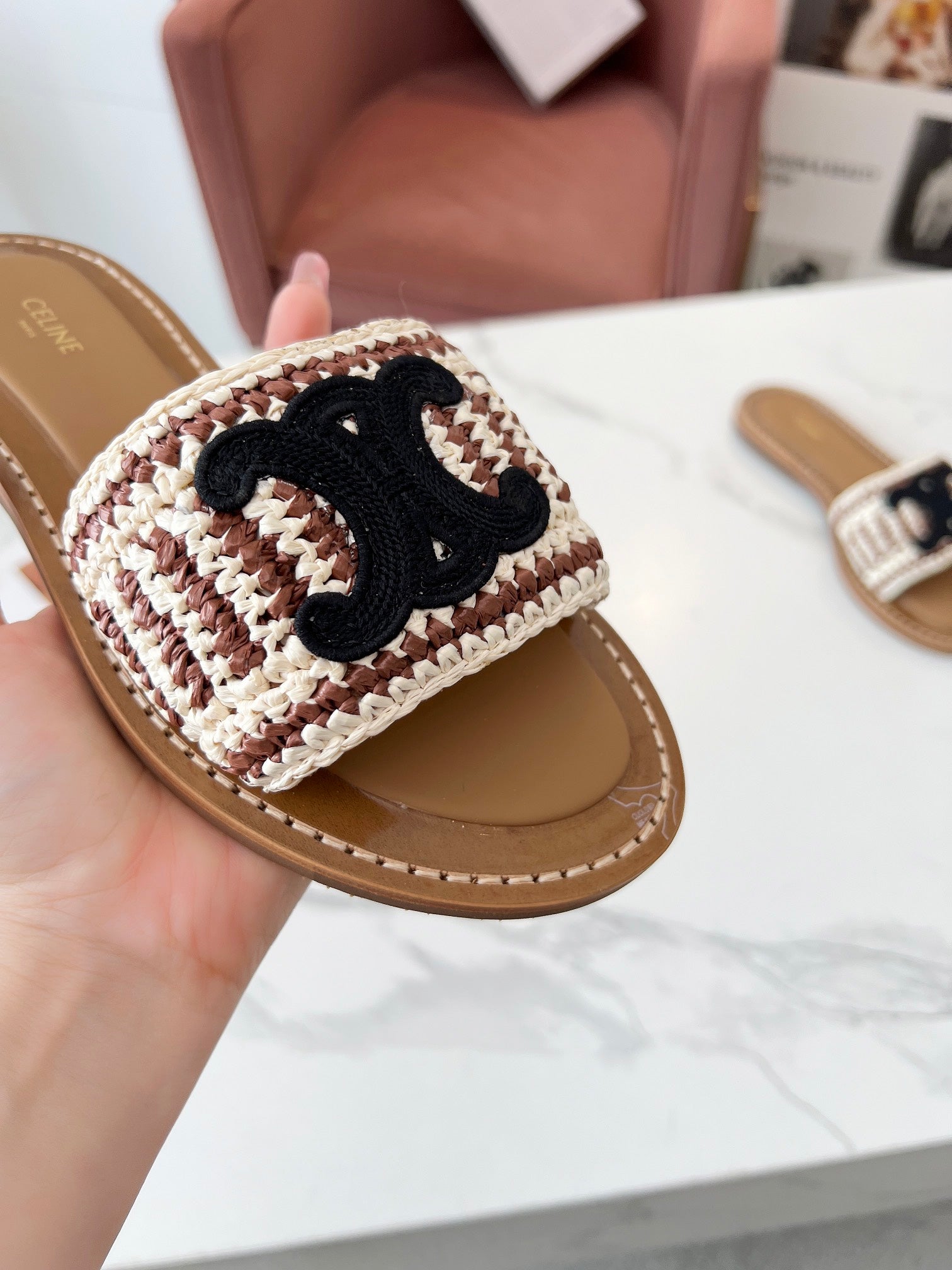 LYMPIA MULE WHITE MIX BROWN RAFFIA BLACK LOGO