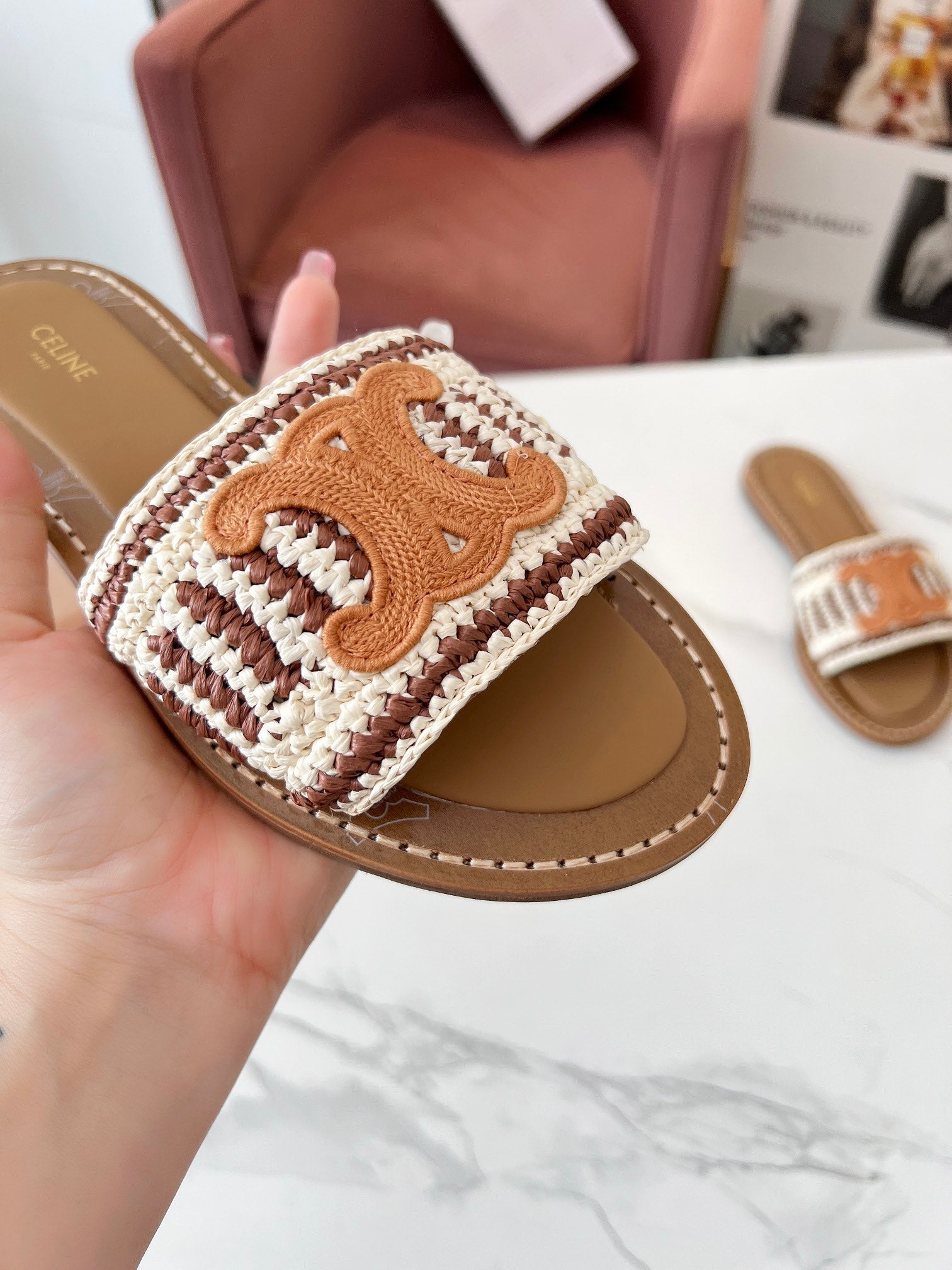 LYMPIA MULE WHITE MIX BROWN RAFFIA PERU BROWN LOGO