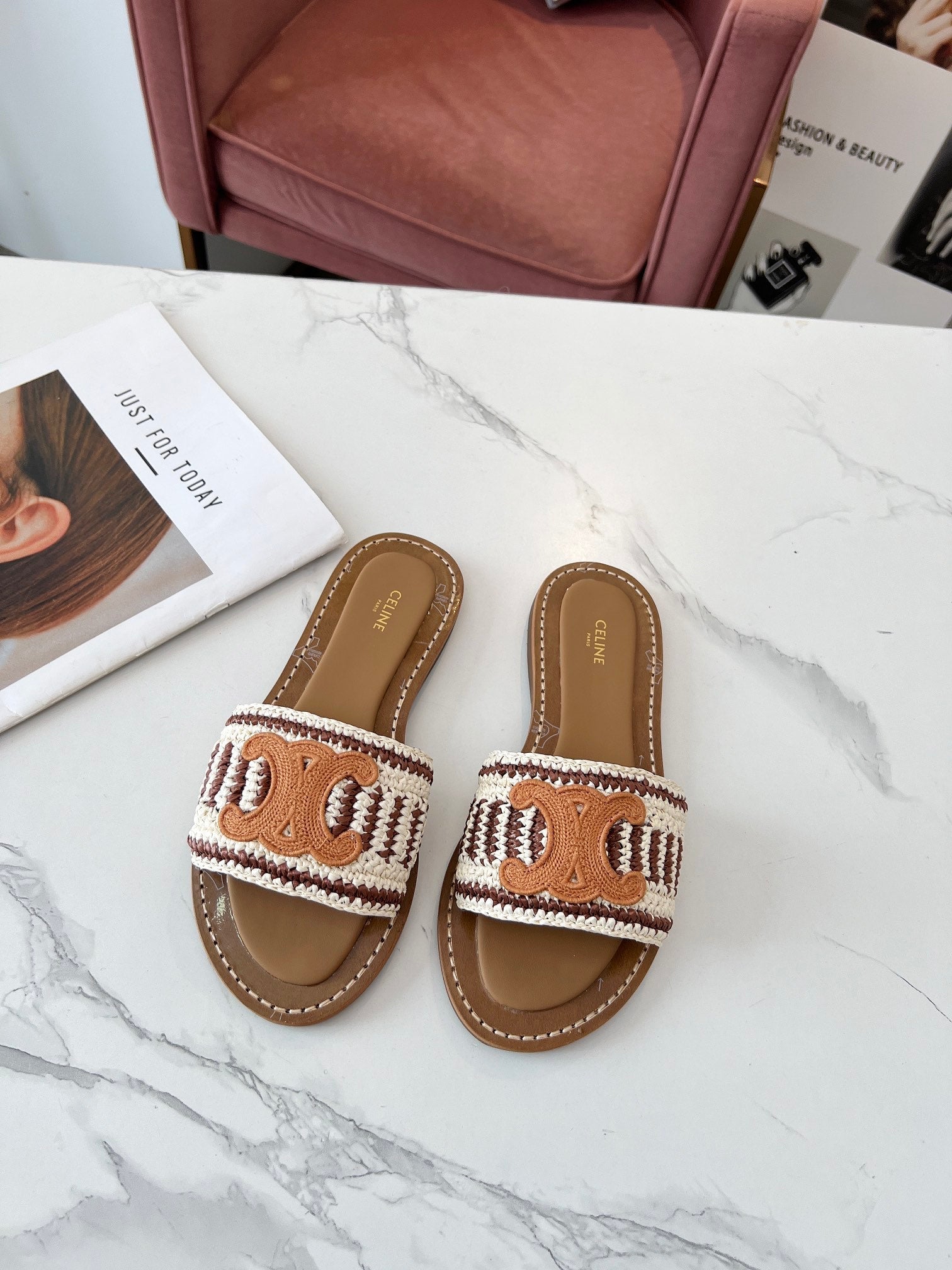 LYMPIA MULE WHITE MIX BROWN RAFFIA PERU BROWN LOGO