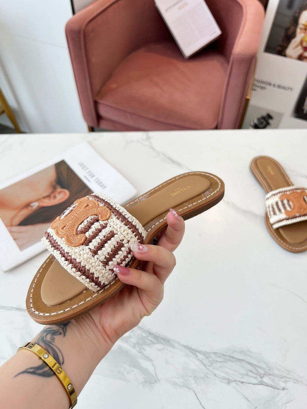 LYMPIA MULE WHITE MIX BROWN RAFFIA PERU BROWN LOGO