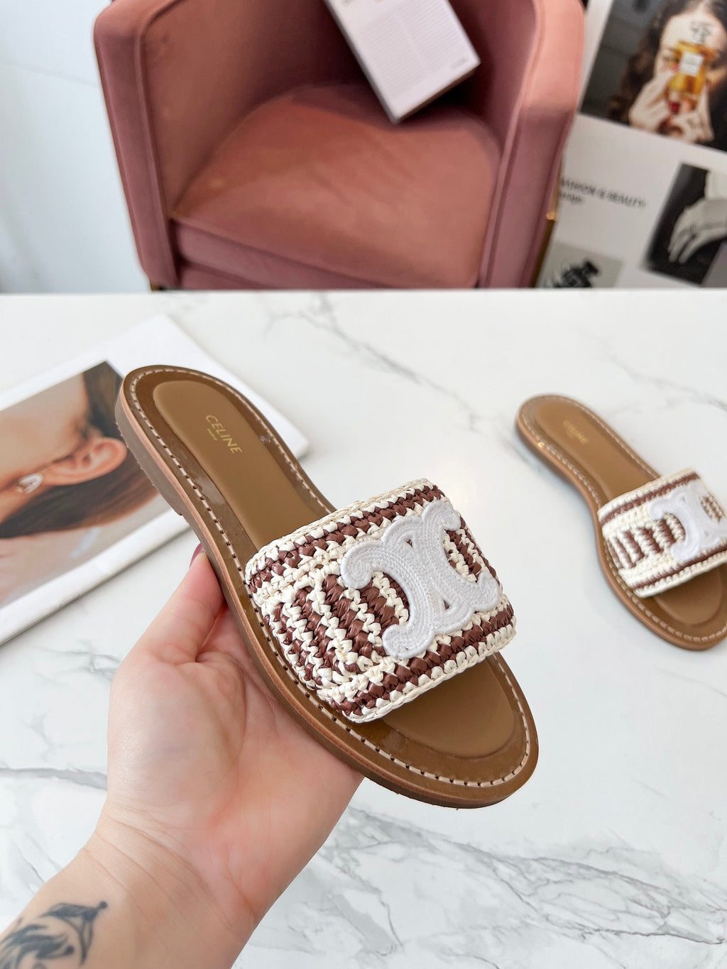 LYMPIA MULE WHITE MIX BROWN RAFFIA