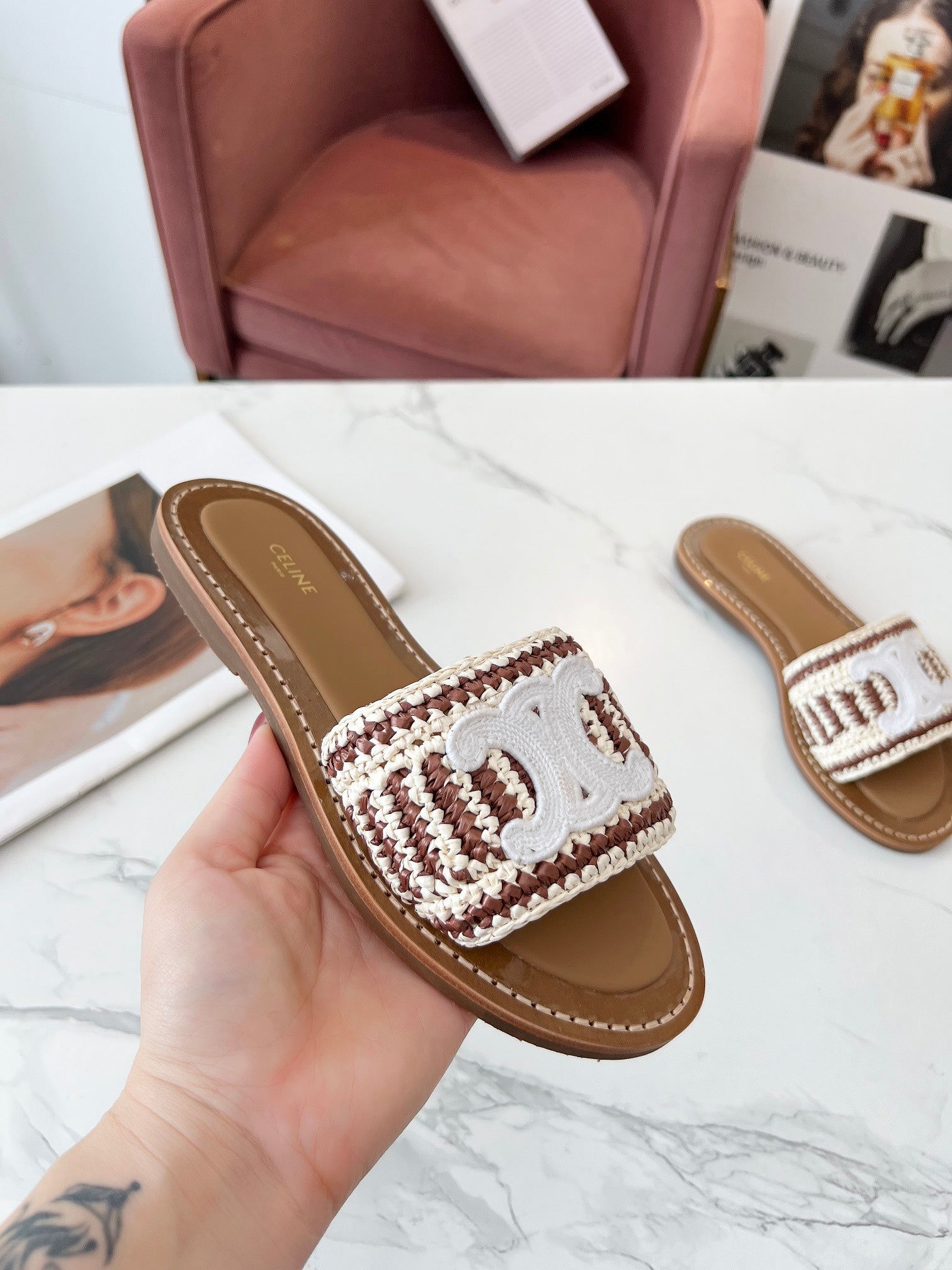 LYMPIA MULE WHITE MIX BROWN RAFFIA