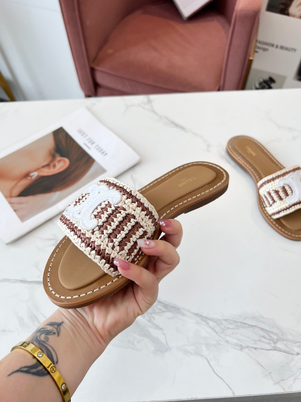 LYMPIA MULE WHITE MIX BROWN RAFFIA