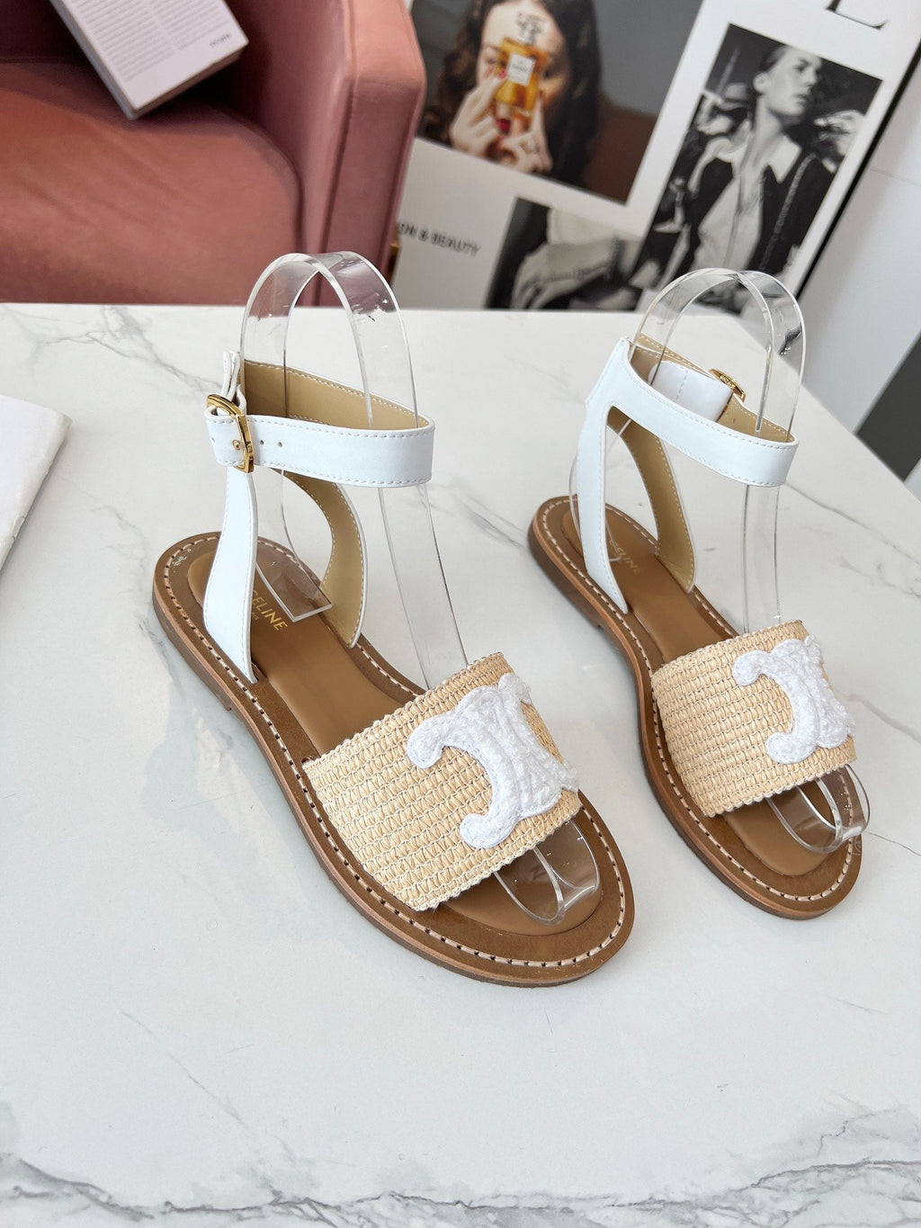 TRIOMPHE SANDALS BEIGE RAFFIA WHITE WOOL