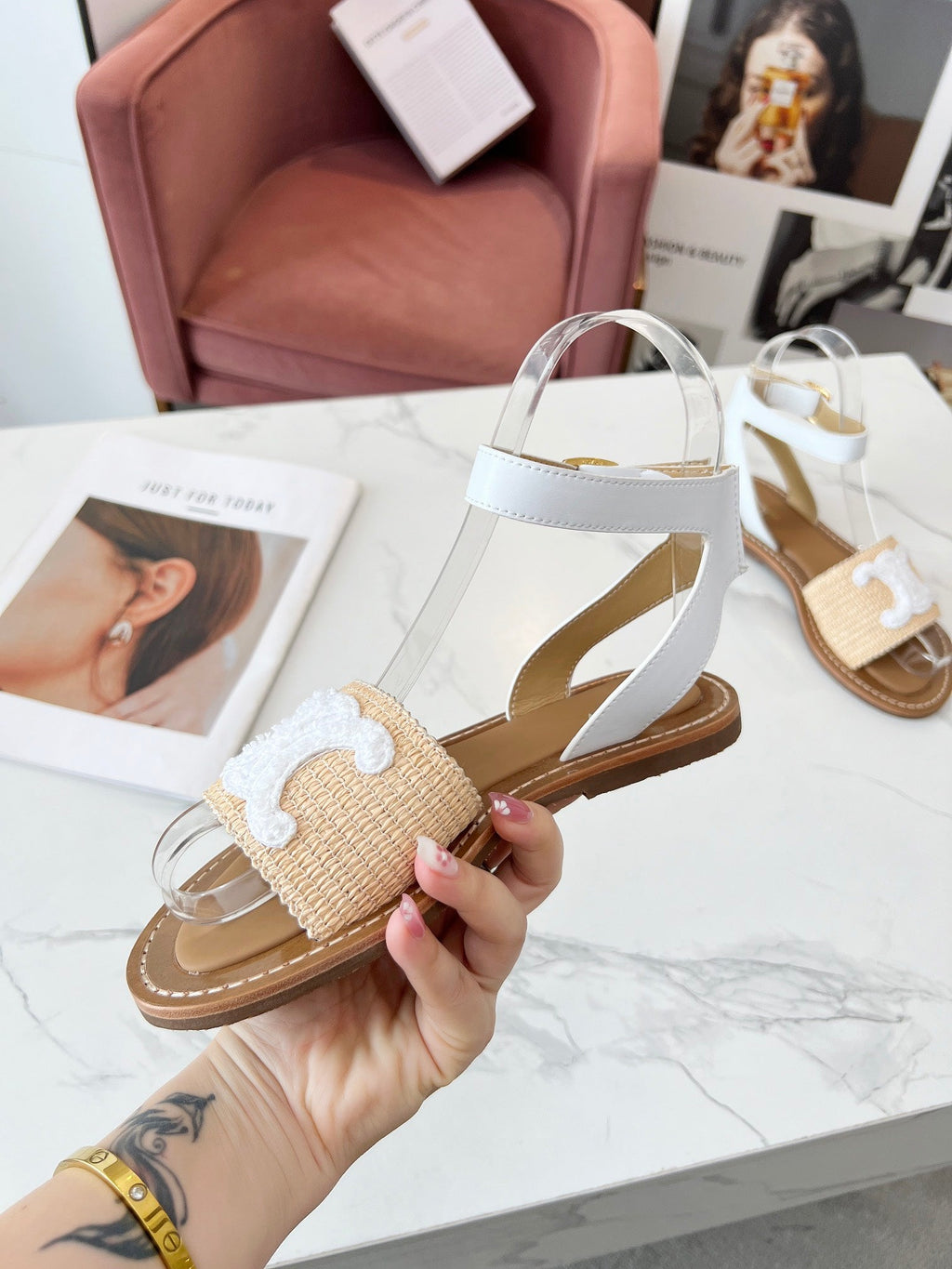 TRIOMPHE SANDALS BEIGE RAFFIA WHITE WOOL
