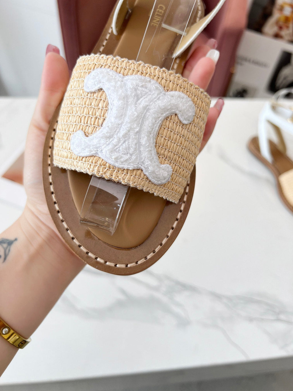 TRIOMPHE SANDALS BEIGE RAFFIA WHITE WOOL