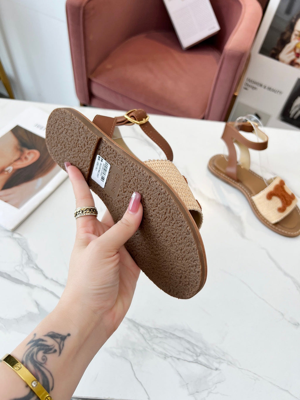 TRIOMPHE SANDALS BEIGE RAFFIA BROWN WOOL