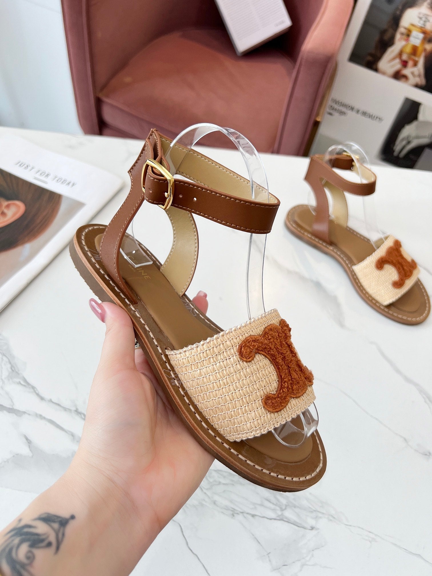 TRIOMPHE SANDALS BEIGE RAFFIA BROWN WOOL