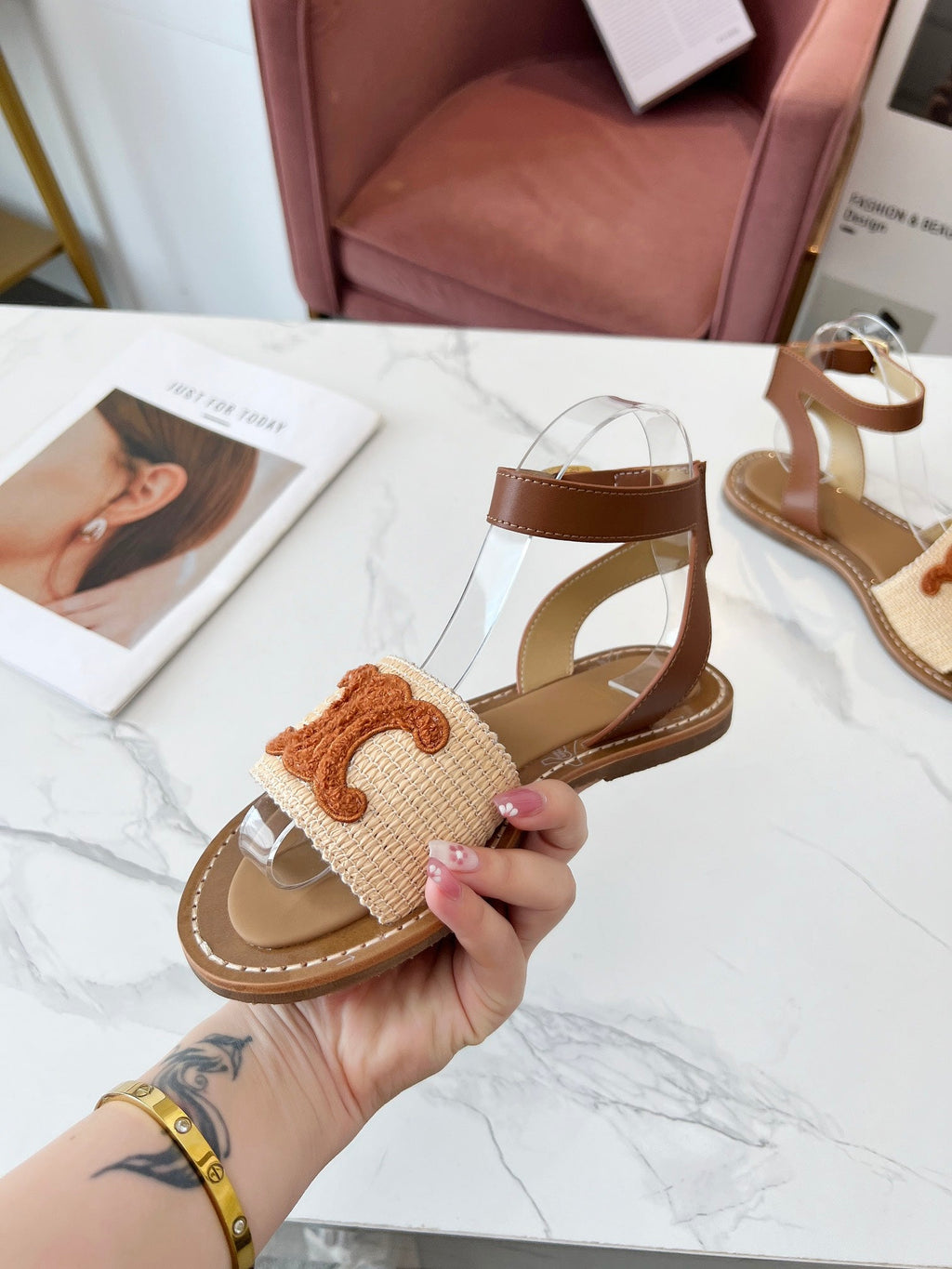 TRIOMPHE SANDALS BEIGE RAFFIA BROWN WOOL