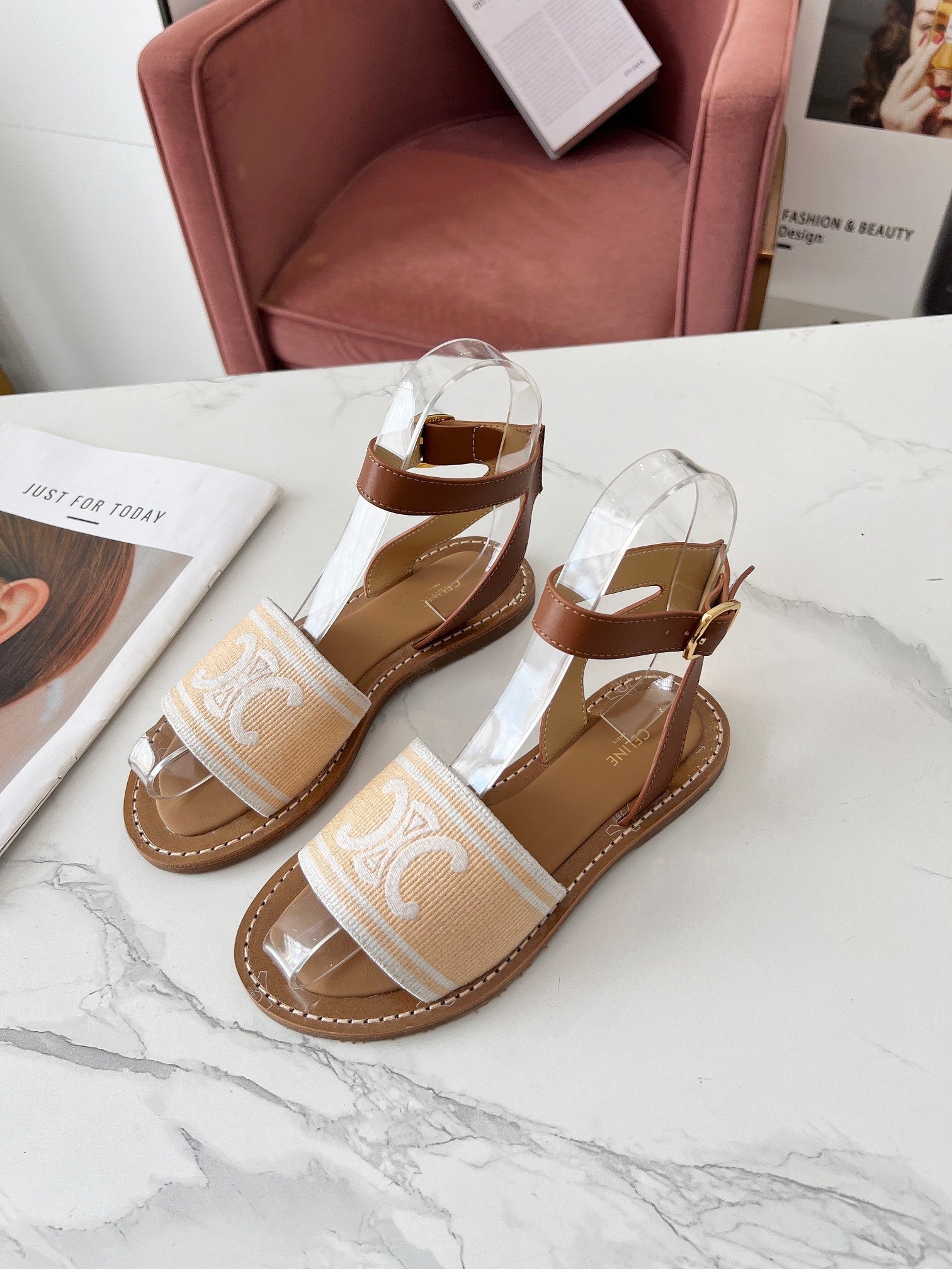 LYMPIA SANDAL IN BISQUE BEIGE MIX WHITE TRIOMPHE JACQUARD CANVAS & CALFSKIN