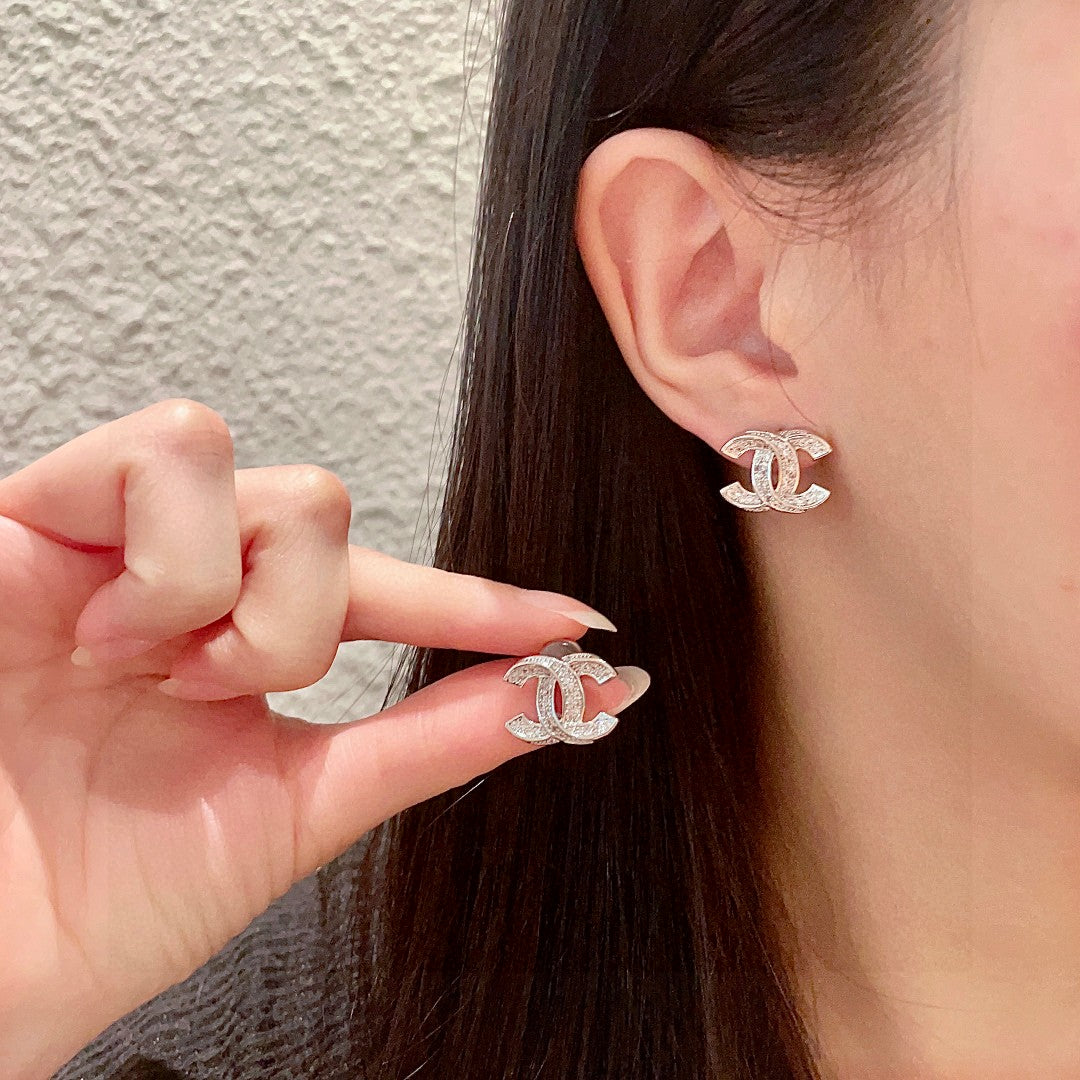 DOUBLE C STUD EARRINGS IN SILVER METAL FULLY DIAMOND