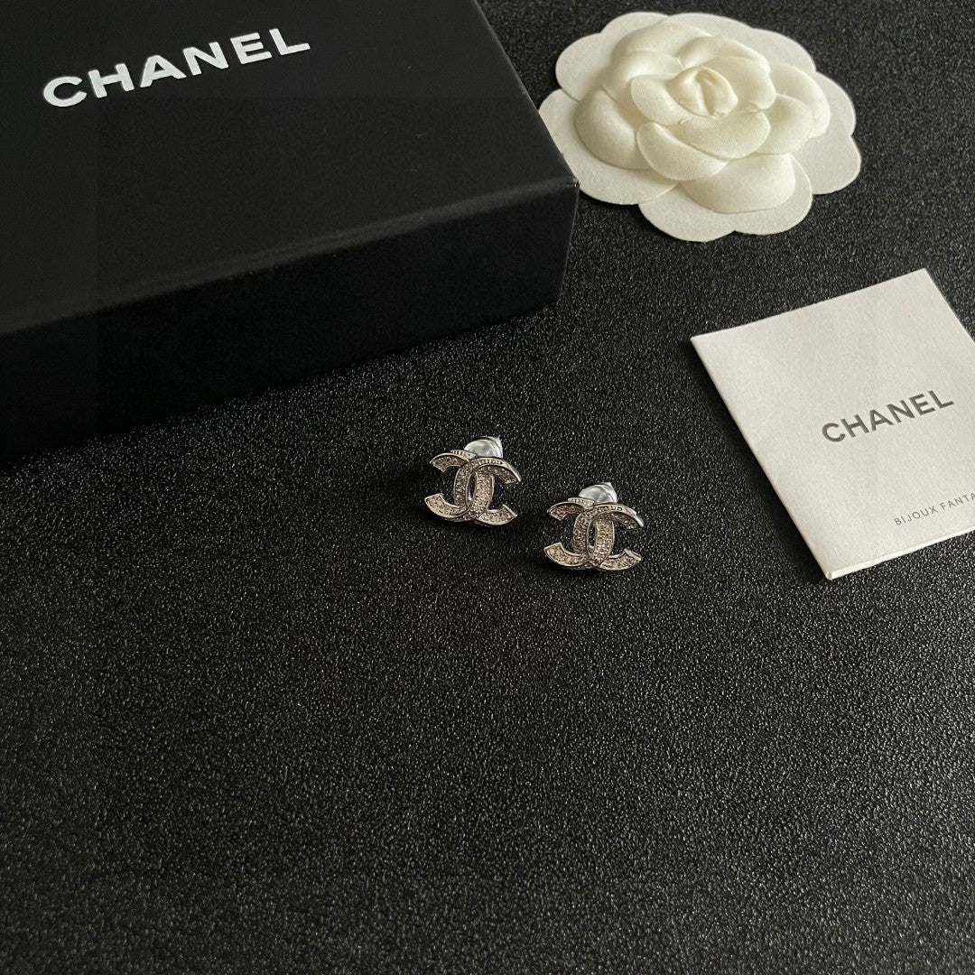 DOUBLE C STUD EARRINGS IN SILVER METAL FULLY DIAMOND