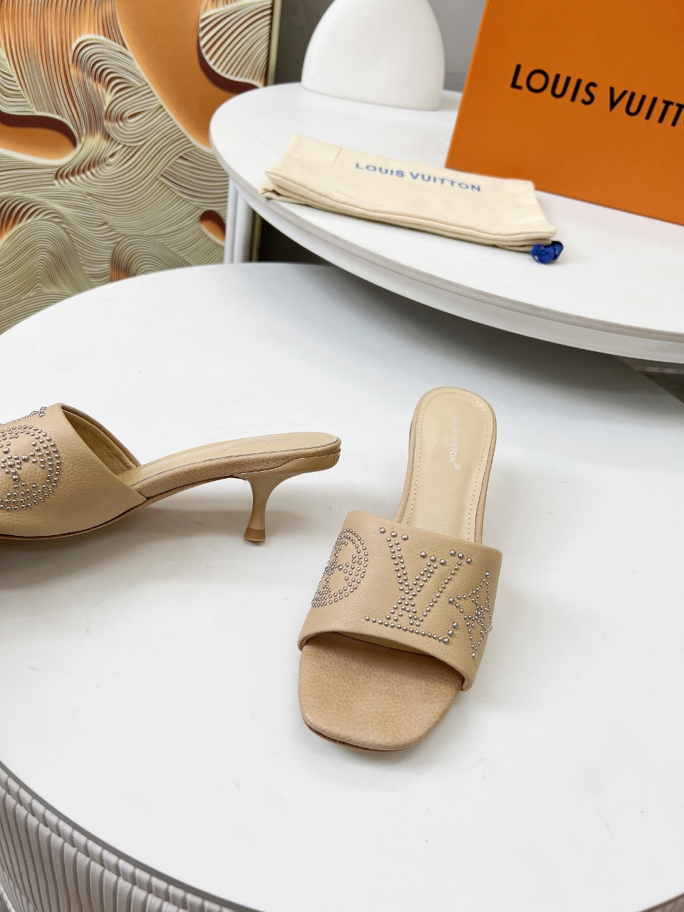 HIGH MULE IN CAMEL BEIGE LAMBSKIN WITH RHINSTONES 55 MM