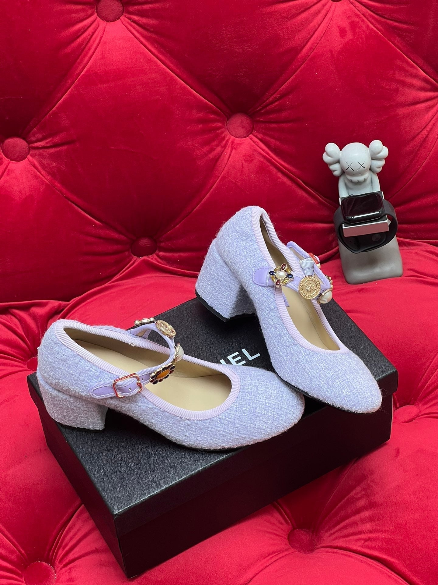 HIGH MARY JANE SHOES LIGHT BLUE WOOL TWEED