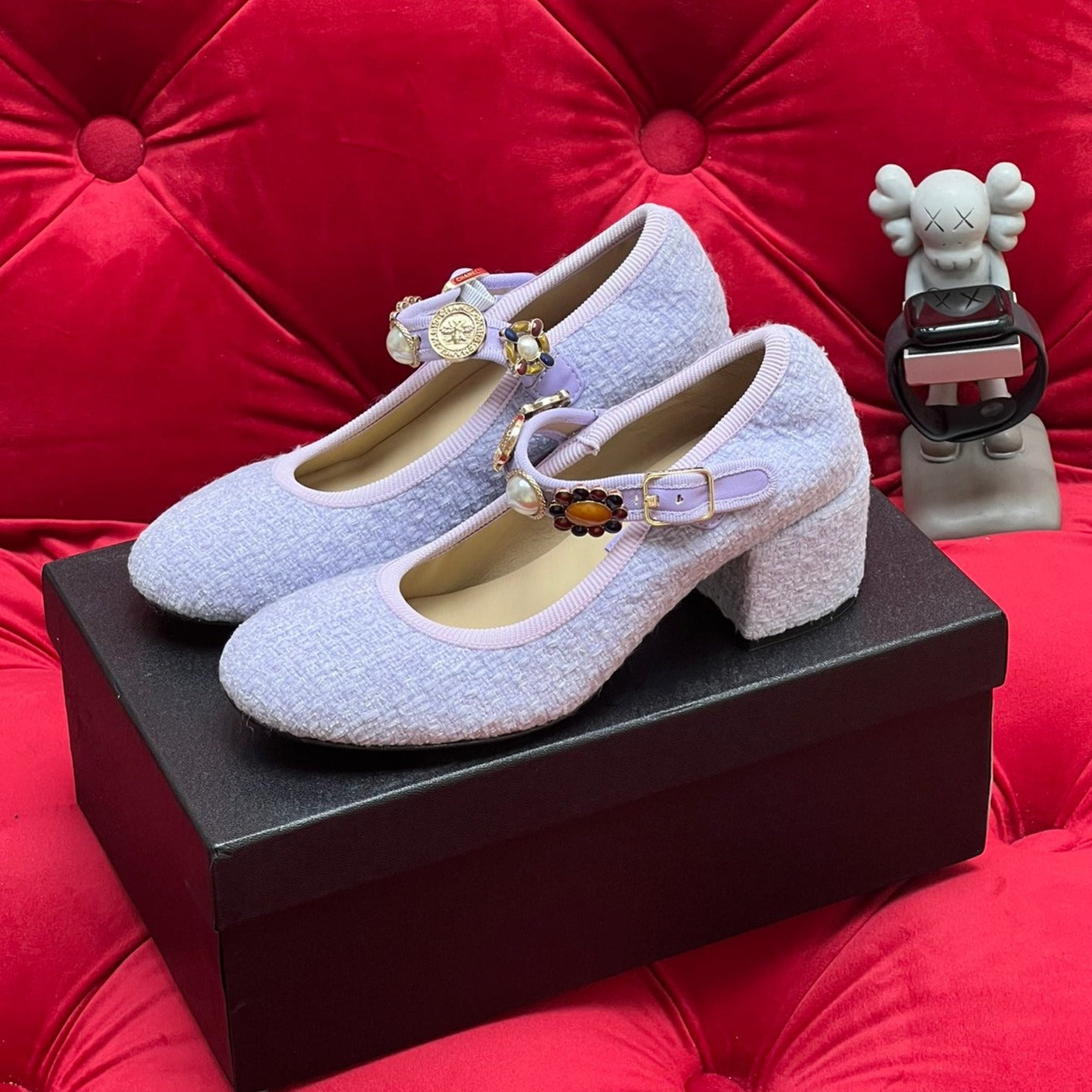 HIGH MARY JANE SHOES LIGHT BLUE WOOL TWEED