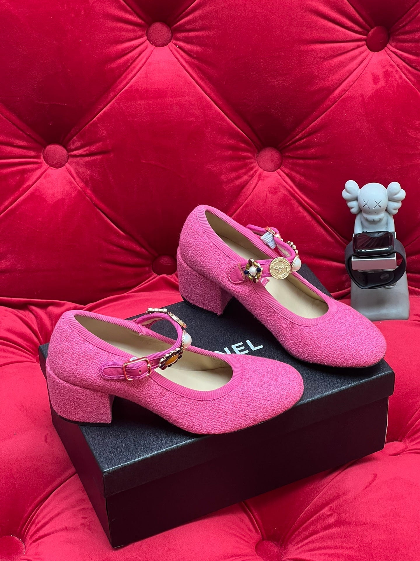 HIGH MARY JANE SHOES HOT PINK WOOL TWEED
