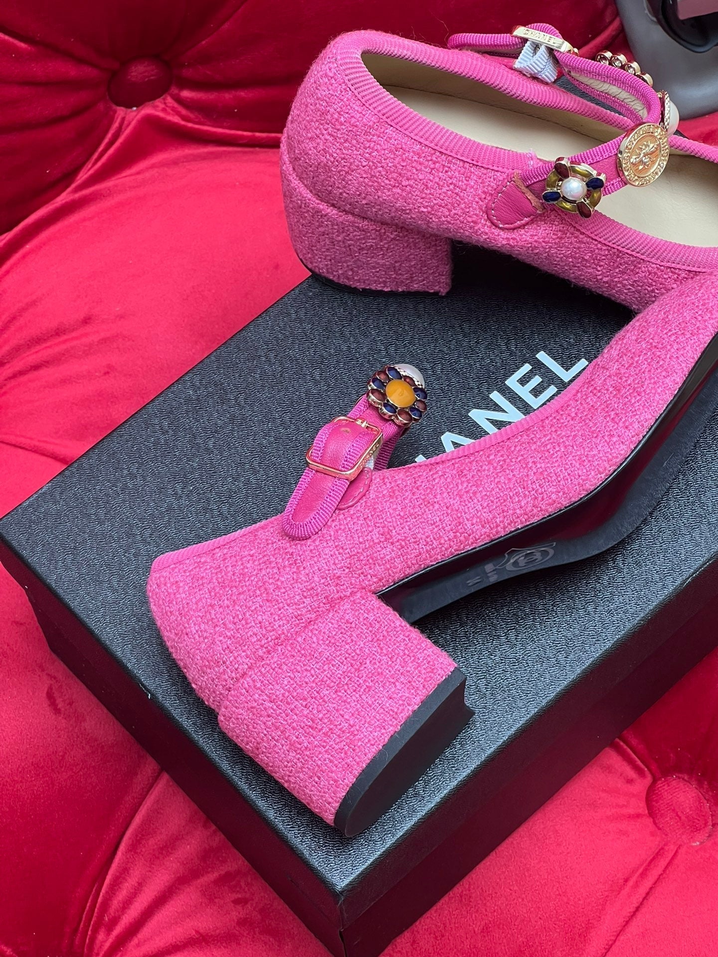 HIGH MARY JANE SHOES HOT PINK WOOL TWEED