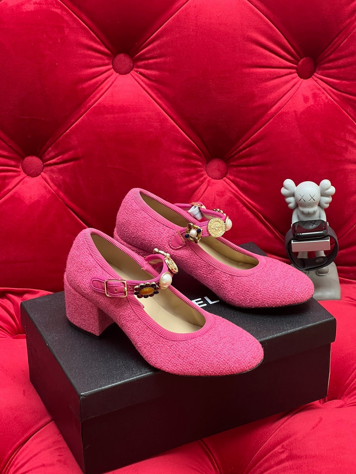 HIGH MARY JANE SHOES HOT PINK WOOL TWEED