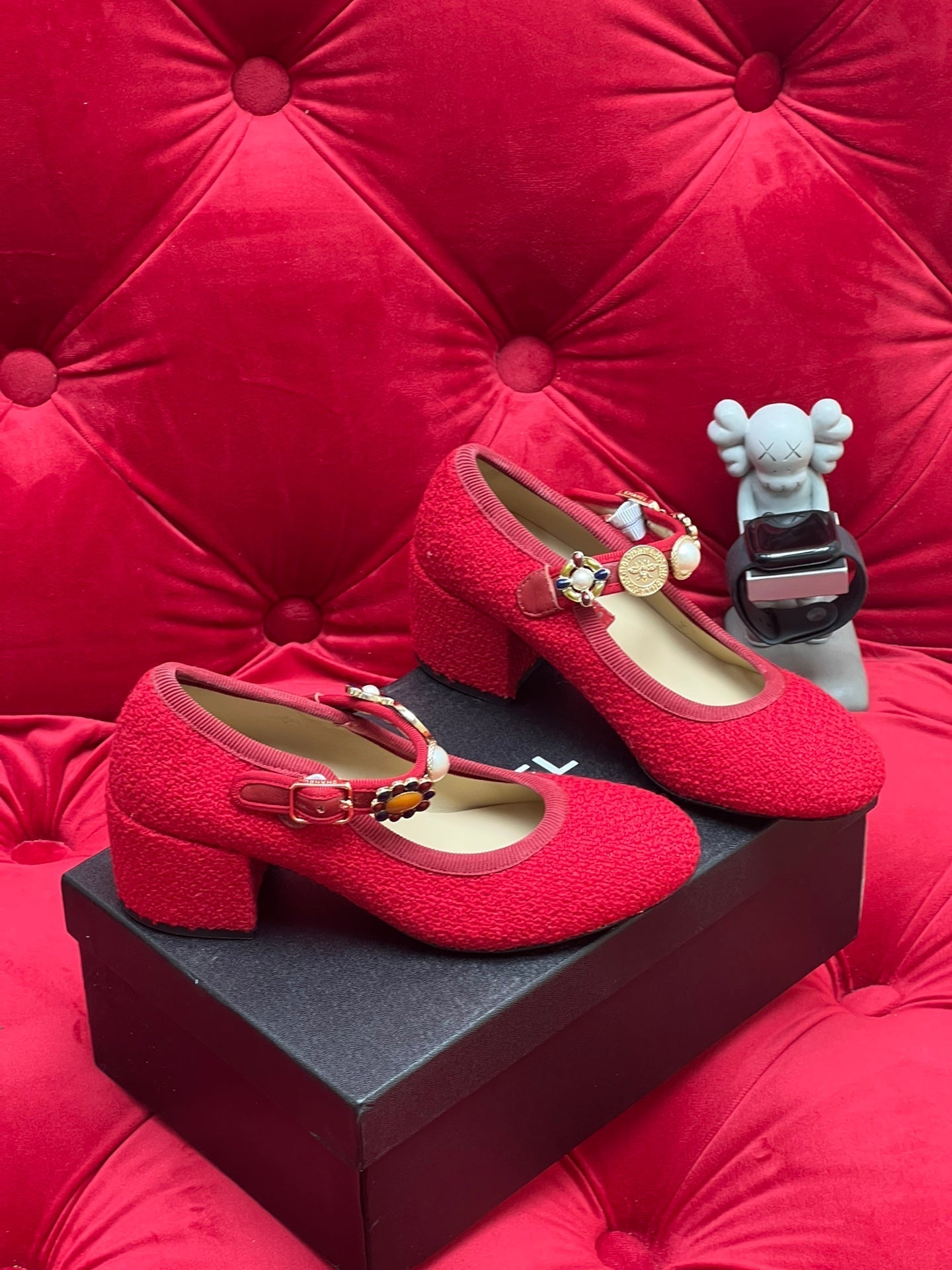 HIGH MARY JANE SHOES CHERRY RED WOOL TWEED