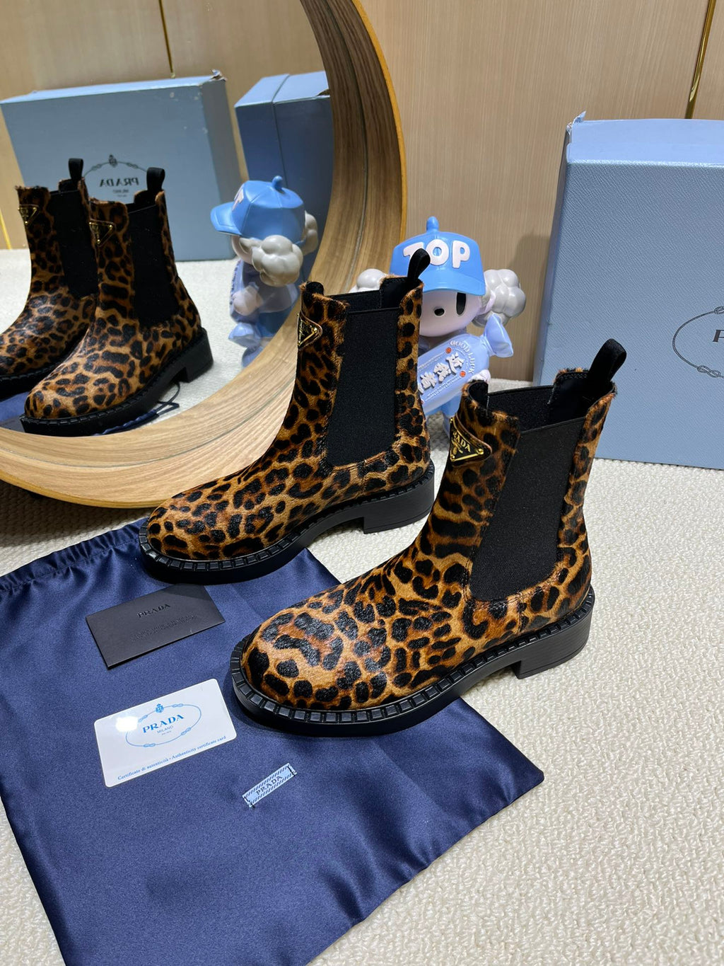 ANKLE BOOTS ATTACHED TRIANGLE LOGO IN LEOPARD PRINT HORSEHAIR