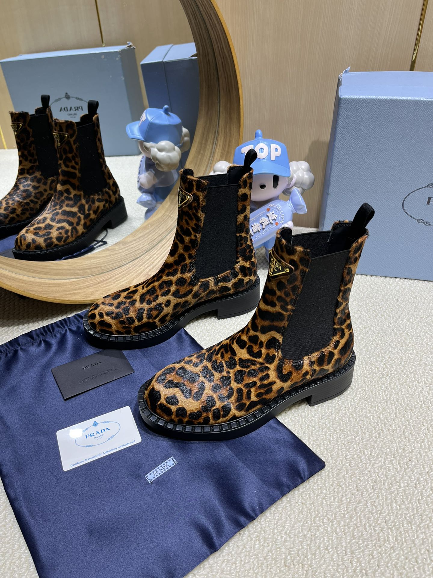 ANKLE BOOTS ATTACHED TRIANGLE LOGO IN LEOPARD PRINT HORSEHAIR