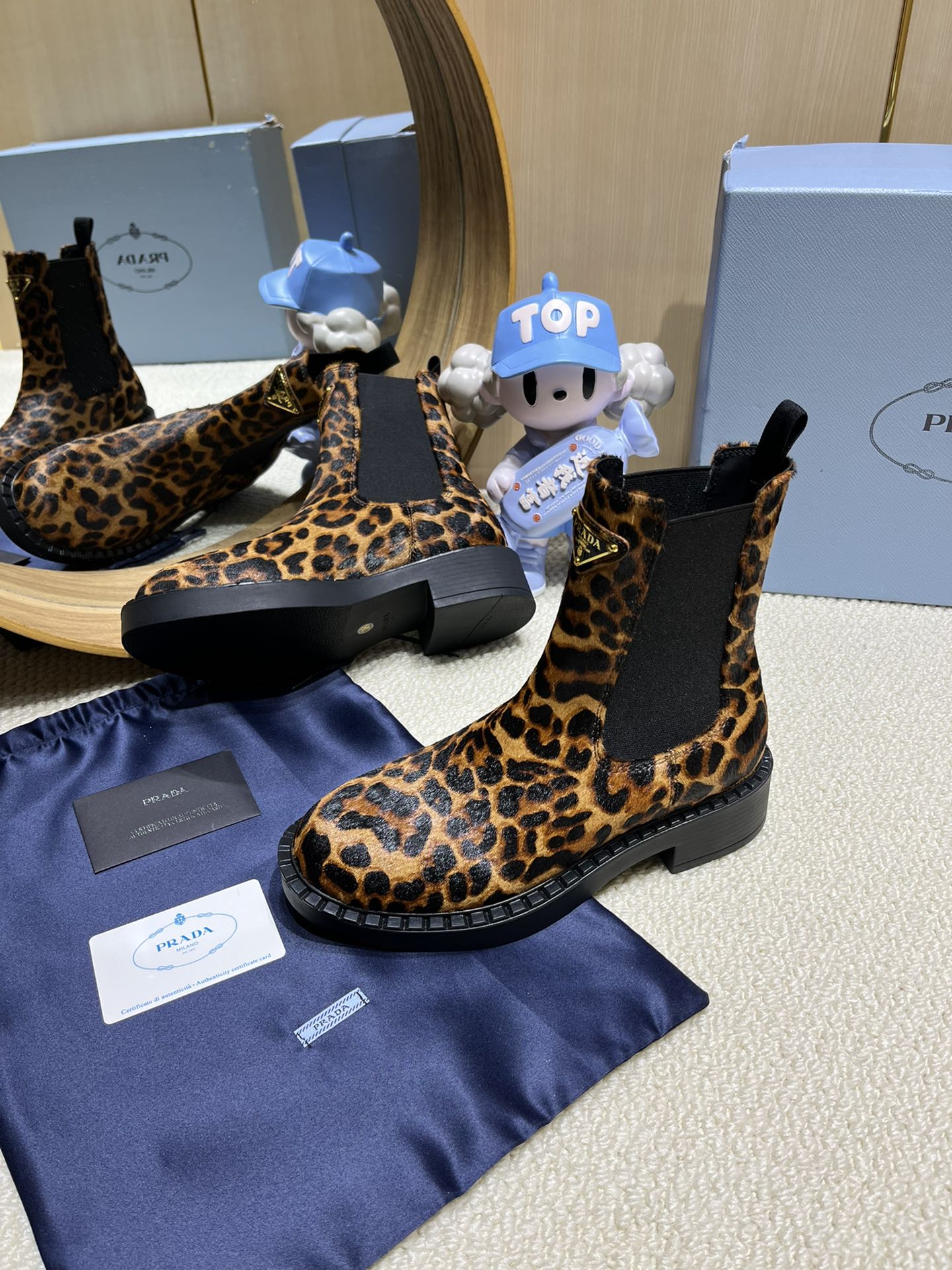 ANKLE BOOTS ATTACHED TRIANGLE LOGO IN LEOPARD PRINT HORSEHAIR