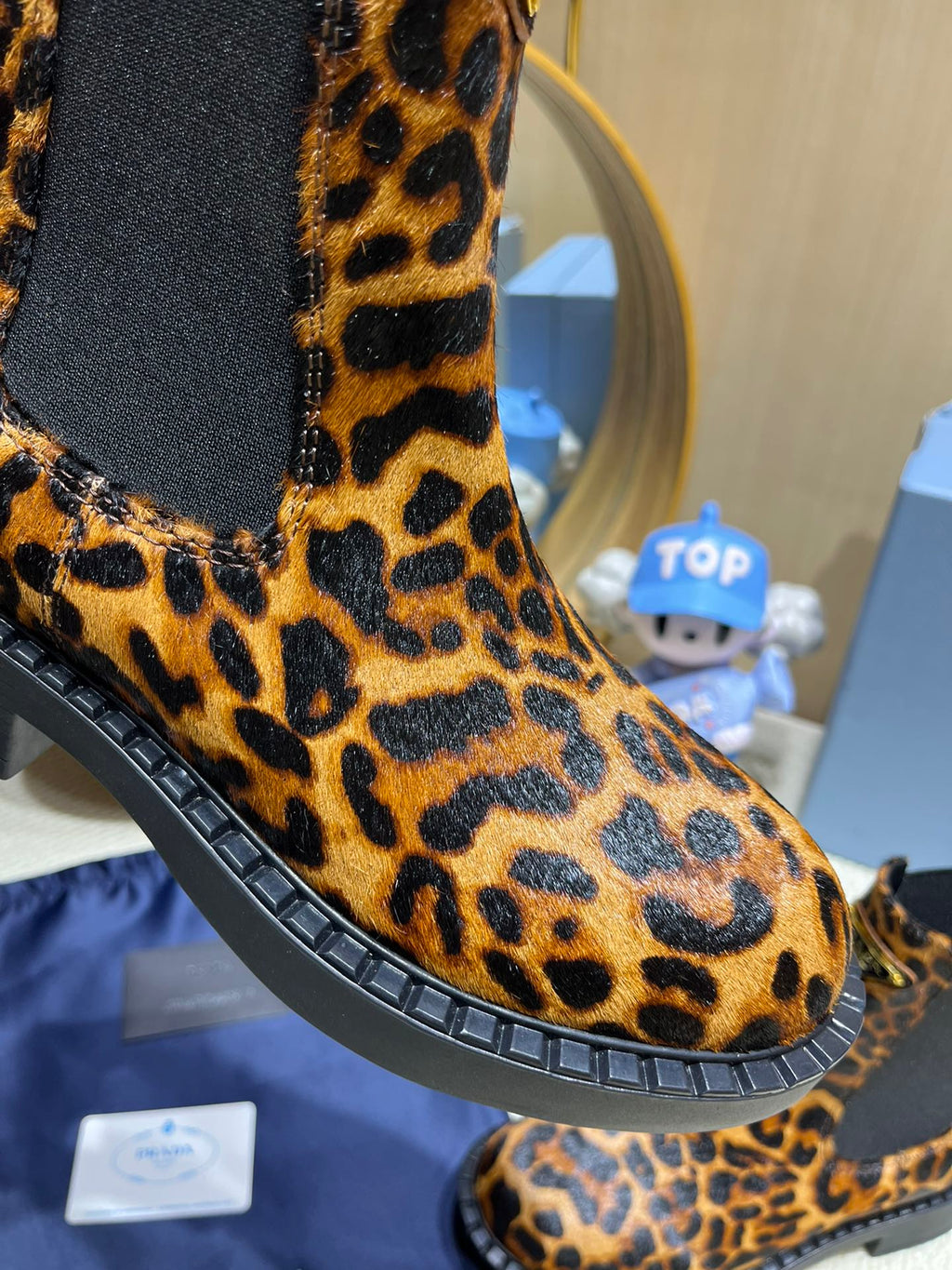 ANKLE BOOTS ATTACHED TRIANGLE LOGO IN LEOPARD PRINT HORSEHAIR