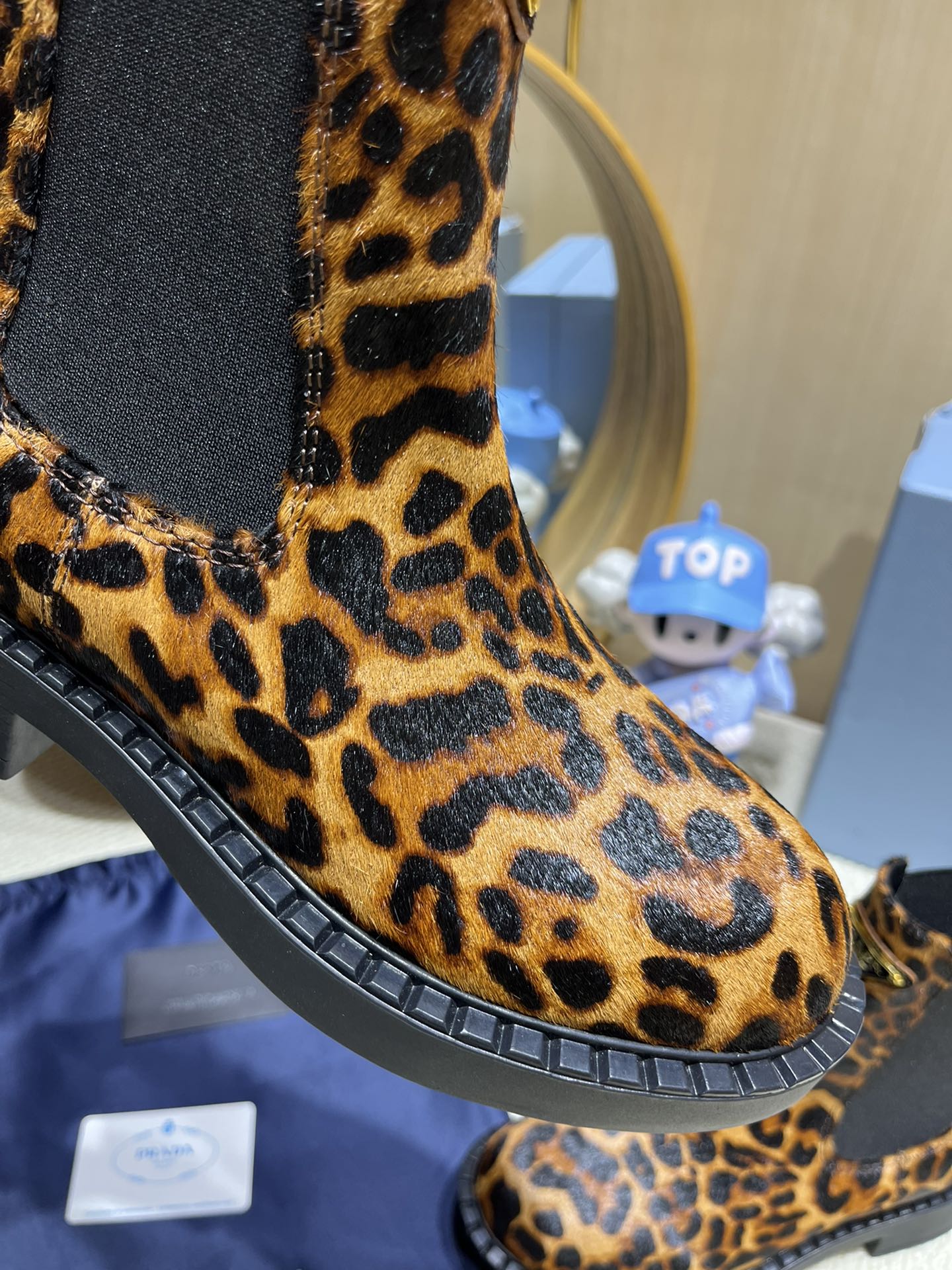 ANKLE BOOTS ATTACHED TRIANGLE LOGO IN LEOPARD PRINT HORSEHAIR