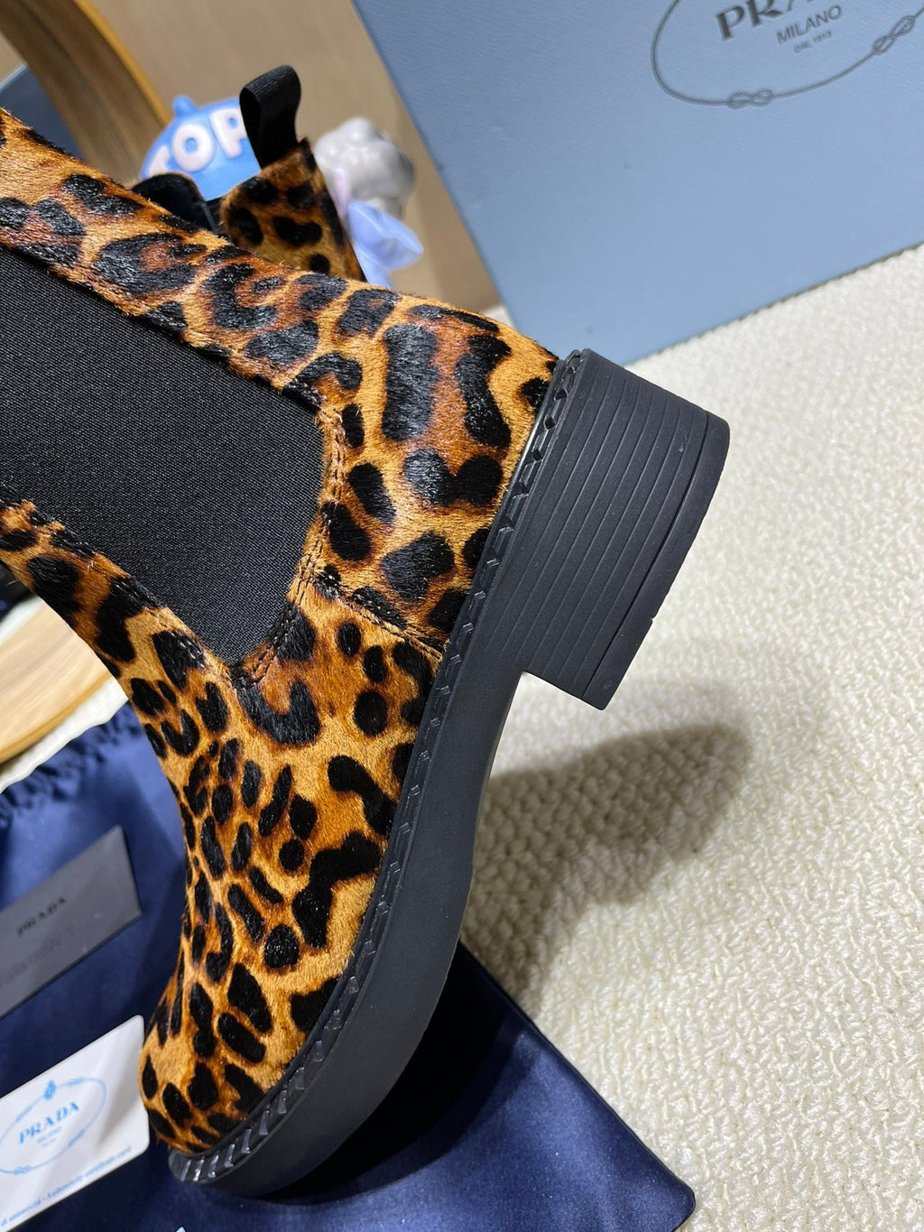 ANKLE BOOTS ATTACHED TRIANGLE LOGO IN LEOPARD PRINT HORSEHAIR