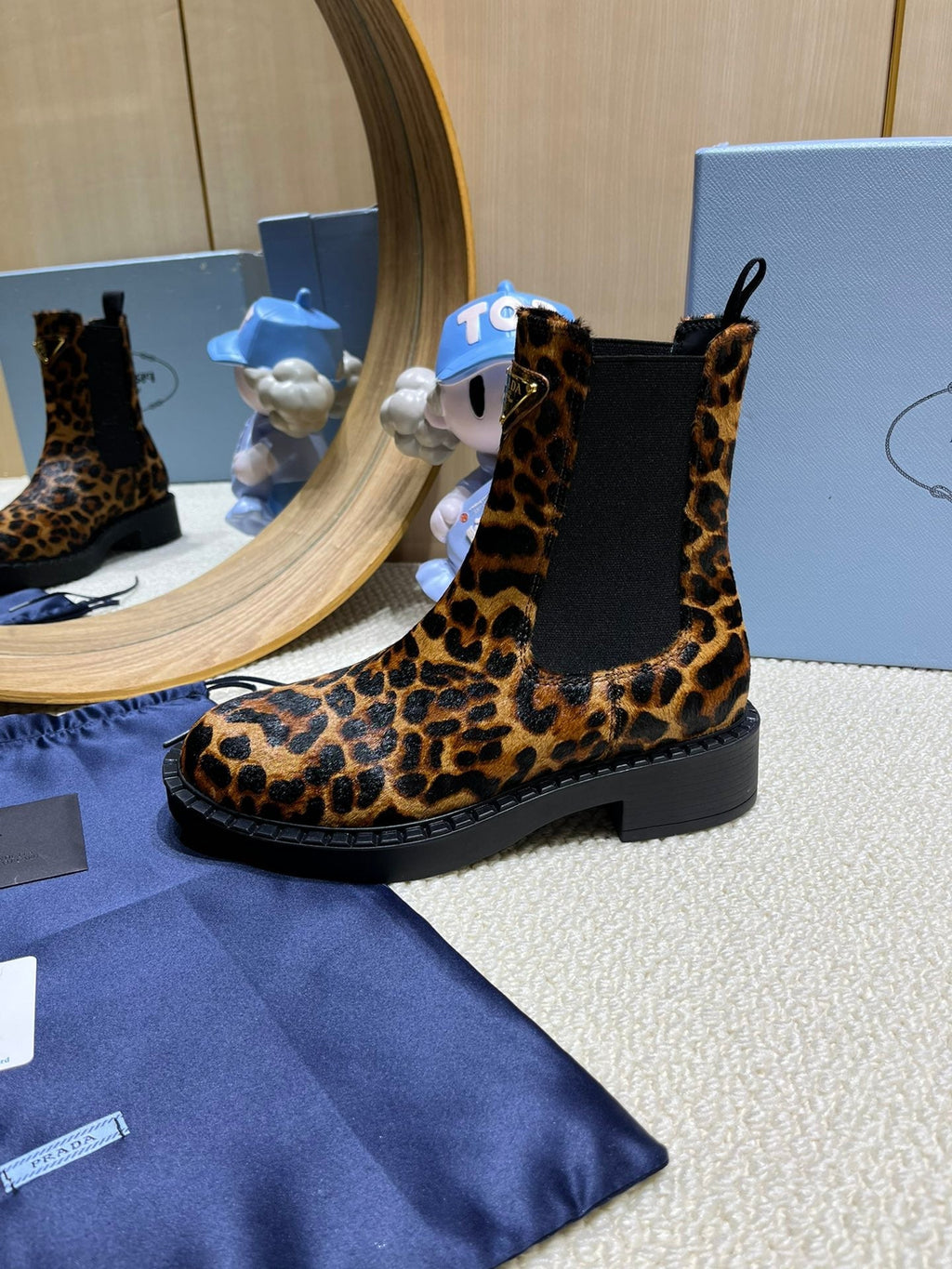 ANKLE BOOTS ATTACHED TRIANGLE LOGO IN LEOPARD PRINT HORSEHAIR