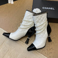 HIGH HEELS 8CM BOOTS IN WHITE MIX BLACK CALFSKIN WITH PEARL CHAIN