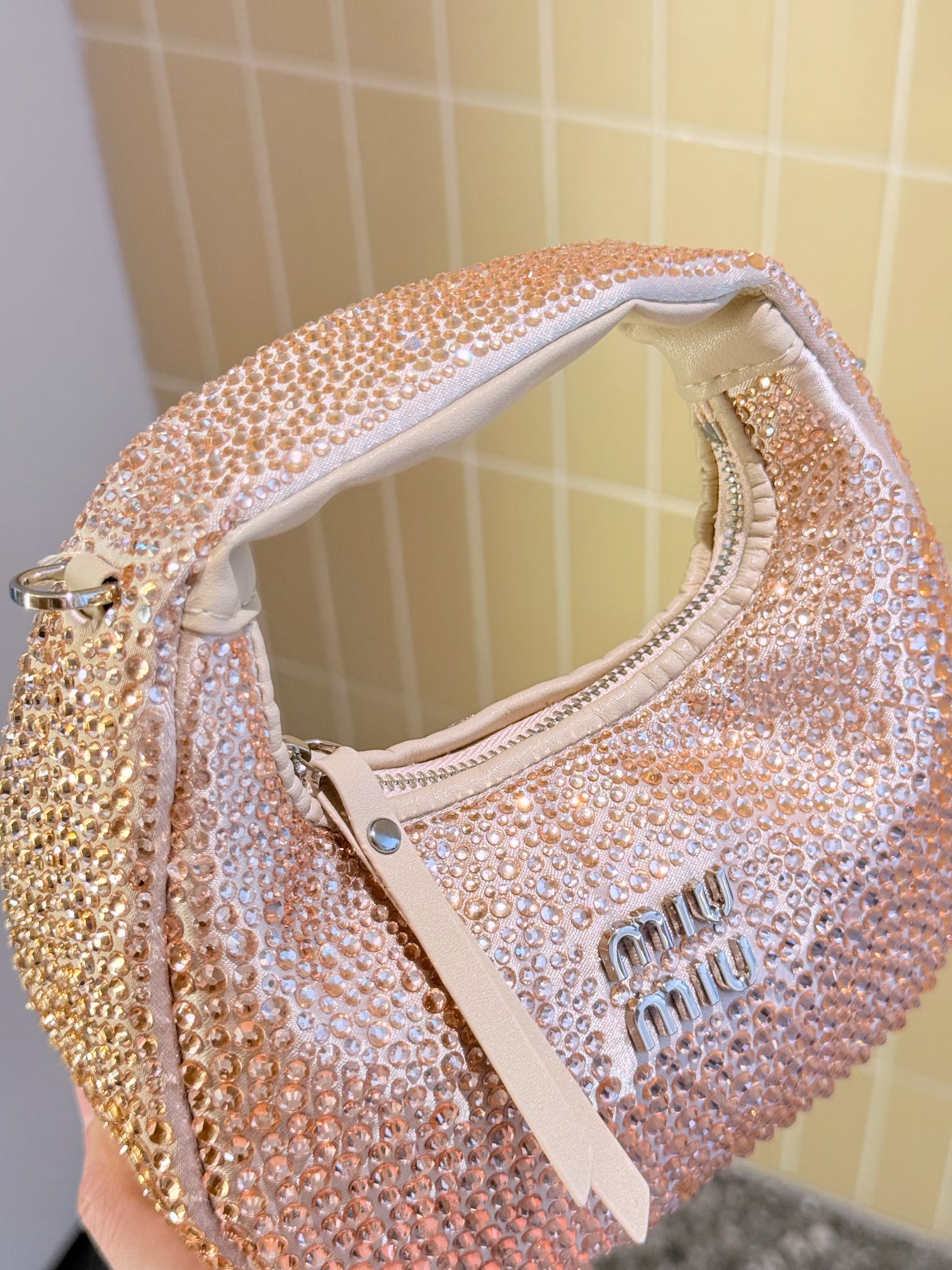 PARTY RHINESTONE BAG 17 IN LIGHT PINK FABRIC AND LEATHER TRIM