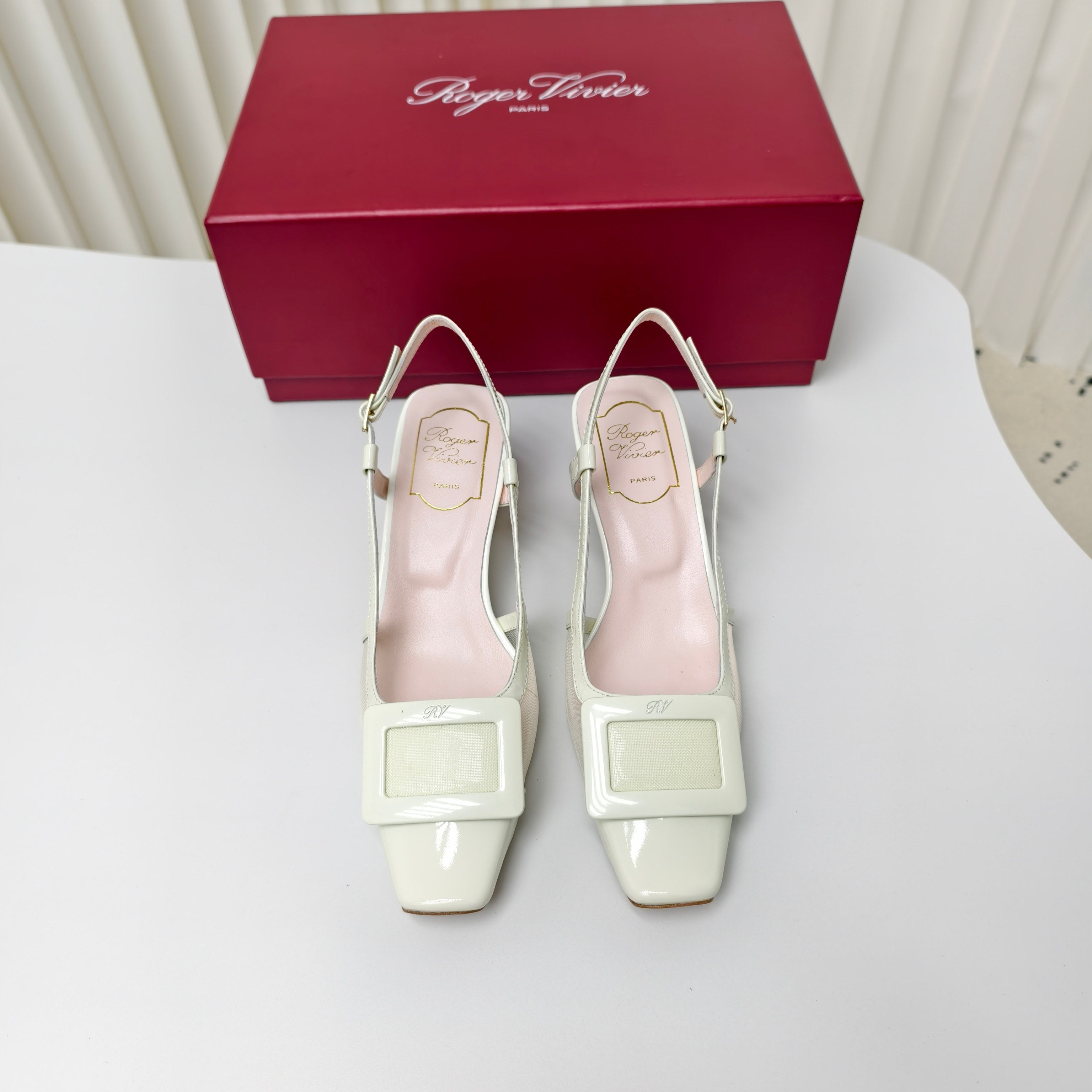 ROGER VIVIER 25S BELLE VIVIER SLINGBACK PUMPS 45MM IN LIGHT SAGE MESH FABRIC