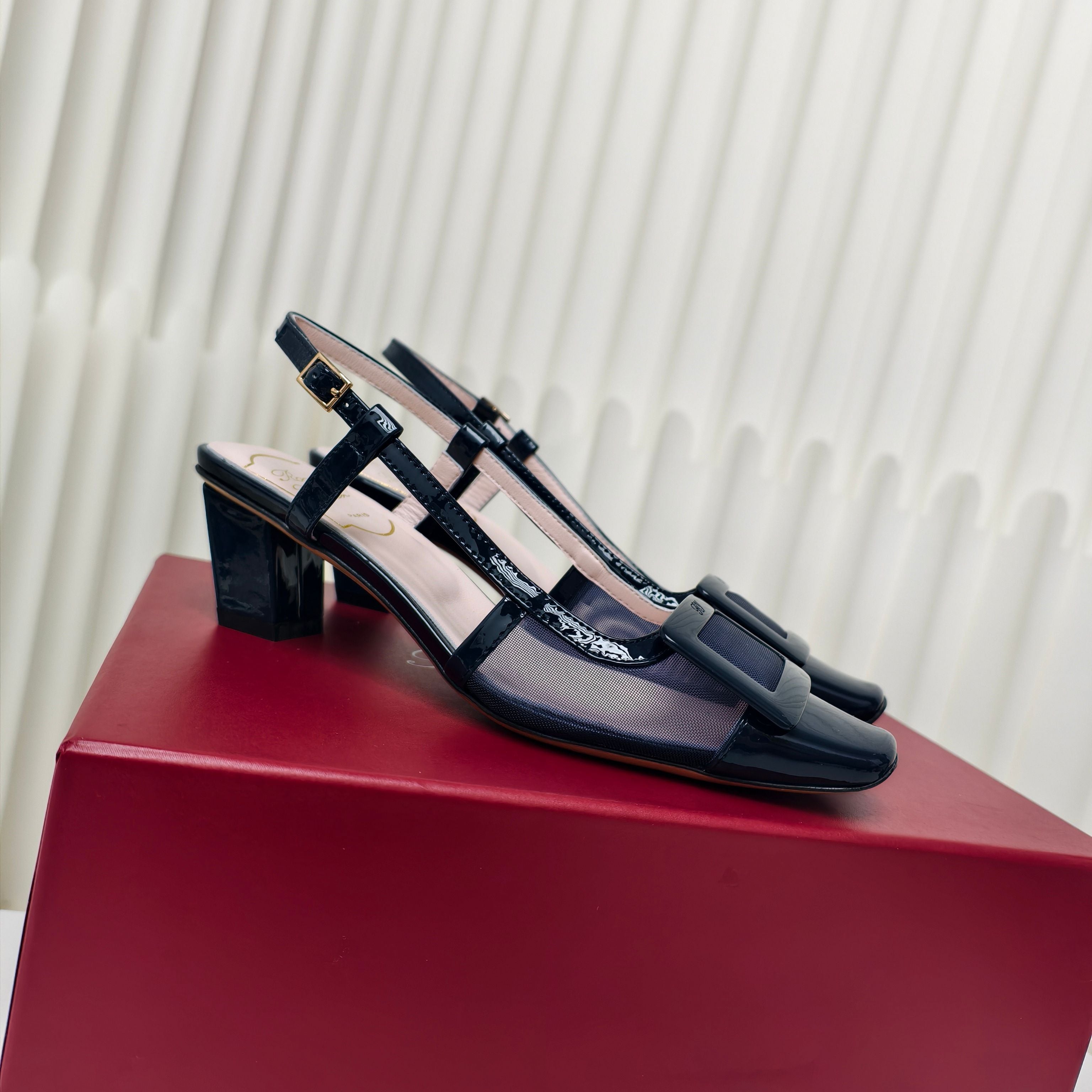 ROGER VIVIER 25S BELLE VIVIER SLINGBACK PUMPS 45MM IN NAVY BLUE MESH FABRIC