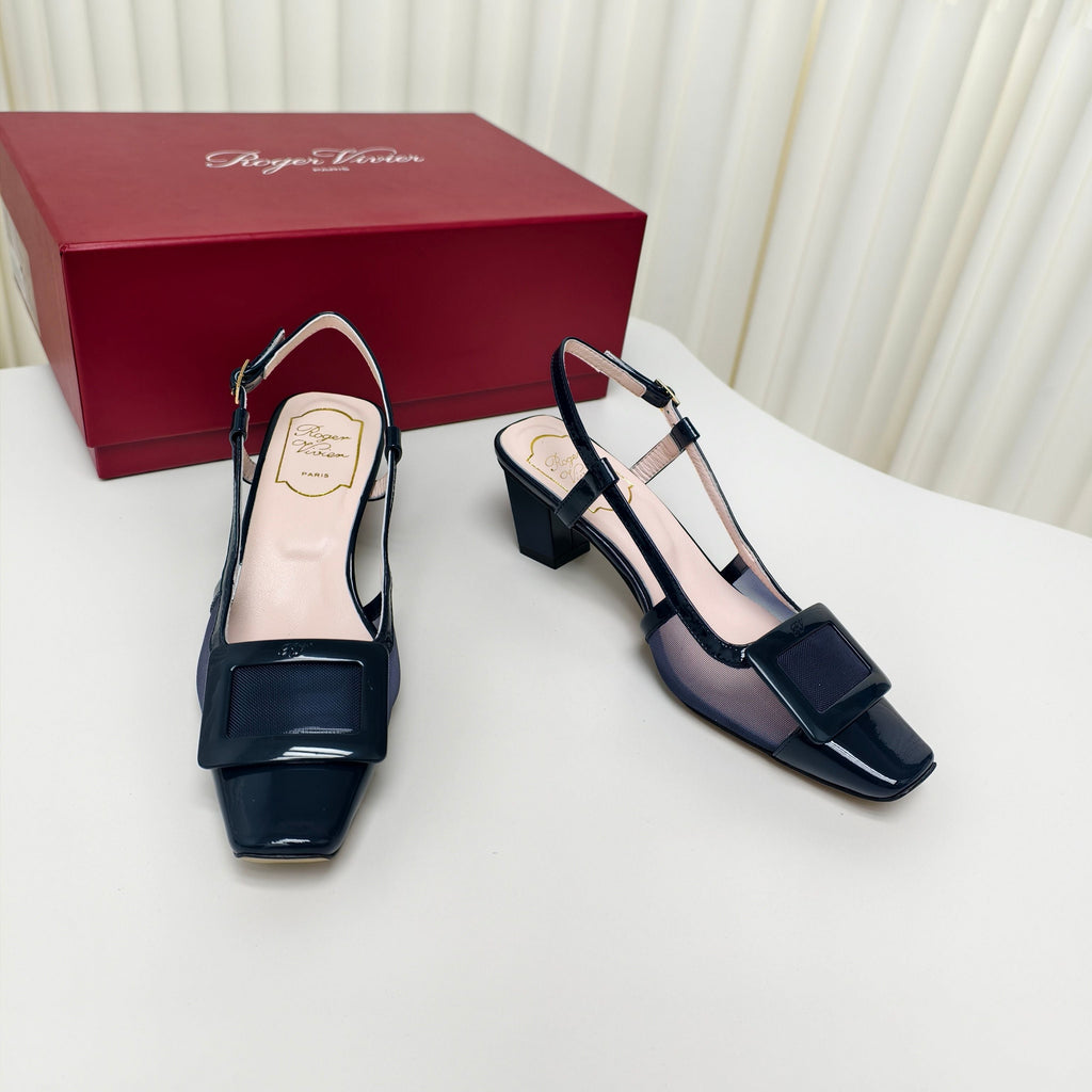 ROGER VIVIER 25S BELLE VIVIER SLINGBACK PUMPS 45MM IN NAVY BLUE MESH FABRIC