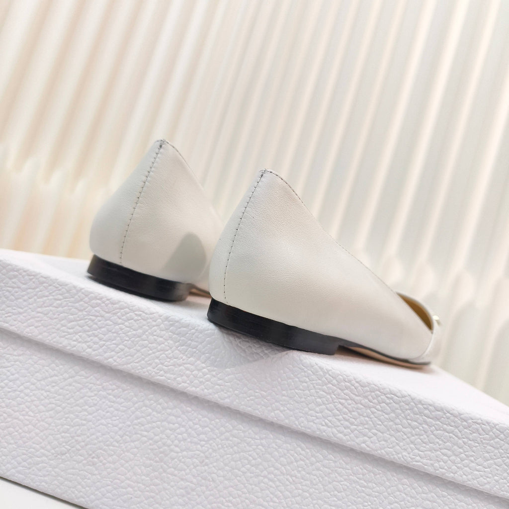 DIOR POINTED BALLET FLATS 25S IN WHITE CALFSKIN WITH GOLD HARDWARE