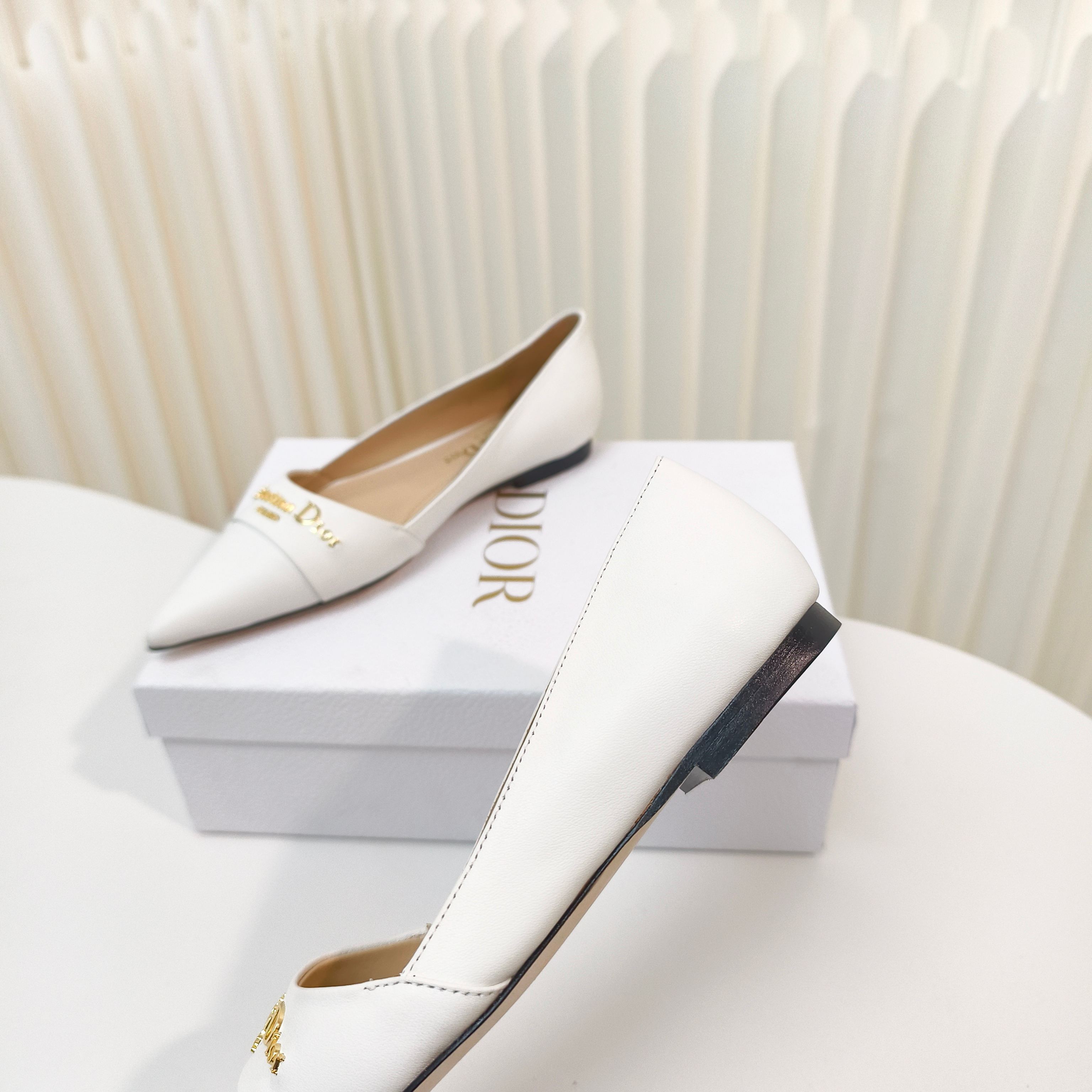 DIOR POINTED BALLET FLATS 25S IN WHITE CALFSKIN WITH GOLD HARDWARE