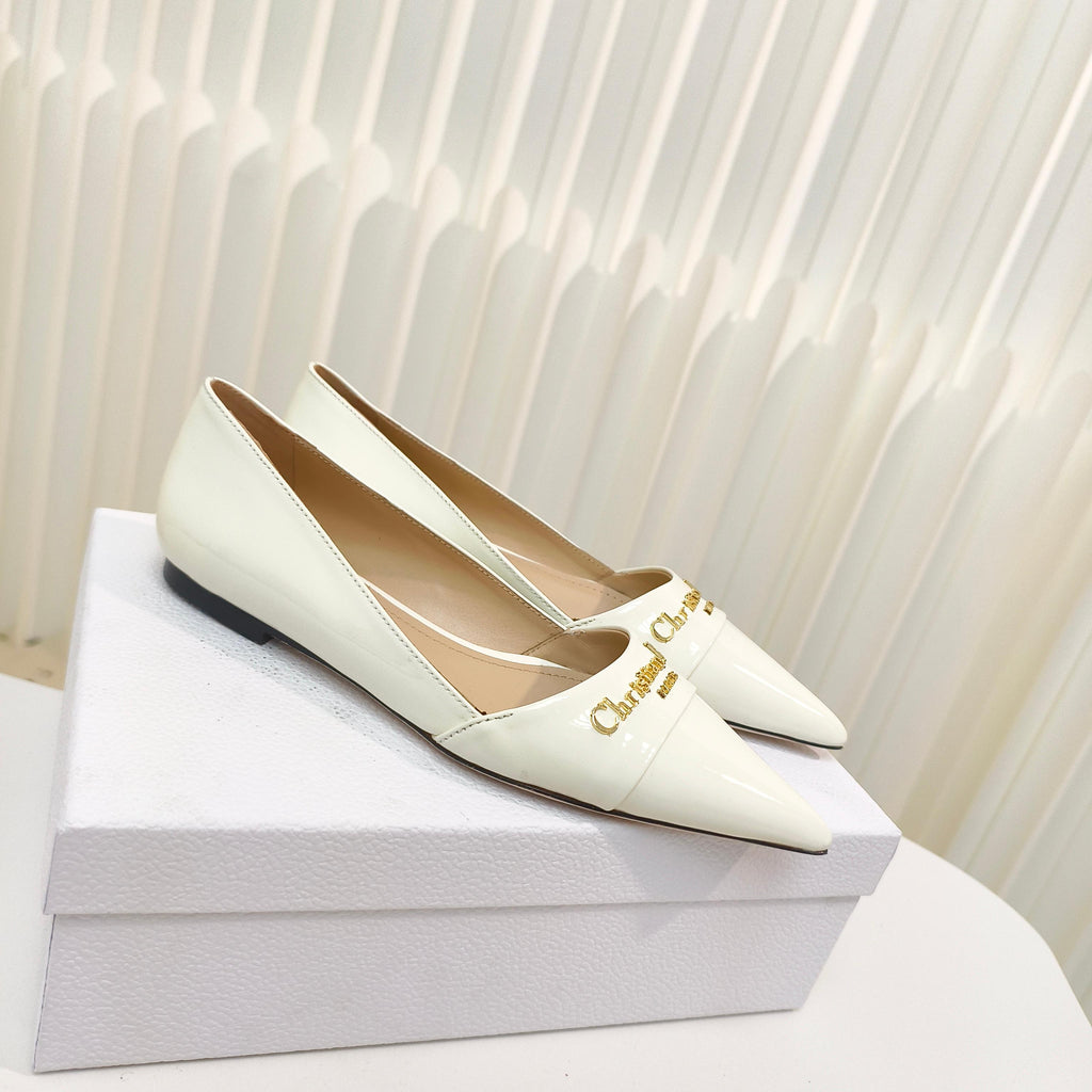 DIOR POINTED BALLET FLATS 25S IN CREAM WHITE GLOSSY LEATHER WITH GOLD HARDWARE