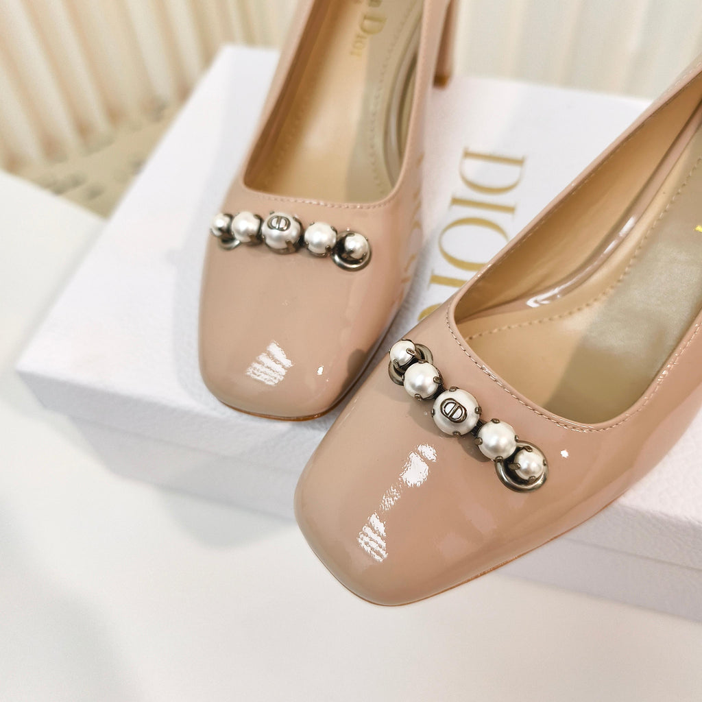 DIOR HIGH HEEL 55 MM 25S IN BEIGE LAMBSKIN PEARL DETAILING