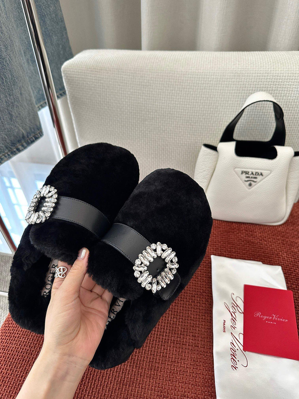 SLIDY VIV' MULES IN BLACK WOOL WITH STRASS BUCKLE