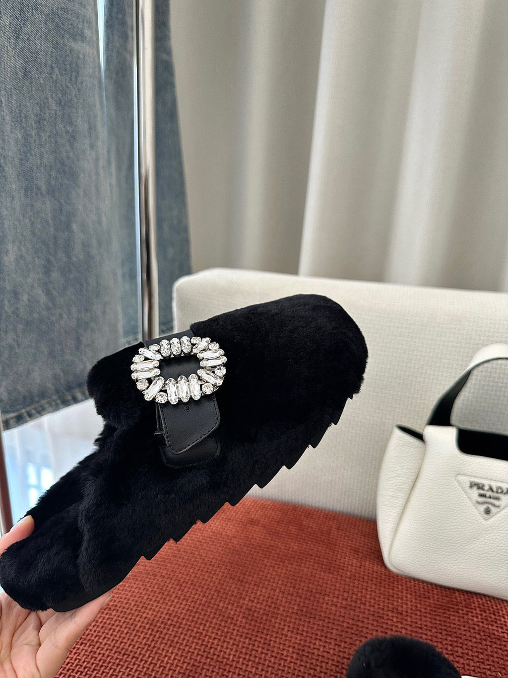 SLIDY VIV' MULES IN BLACK WOOL WITH STRASS BUCKLE