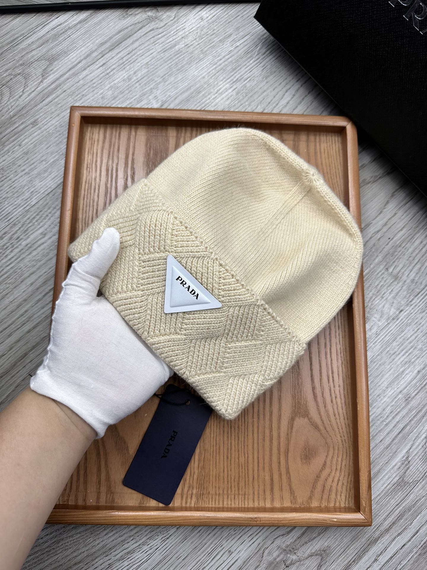 BEANIE HAT IN BISQUE BEIGE WOOL AND RABBIT FUR 342035