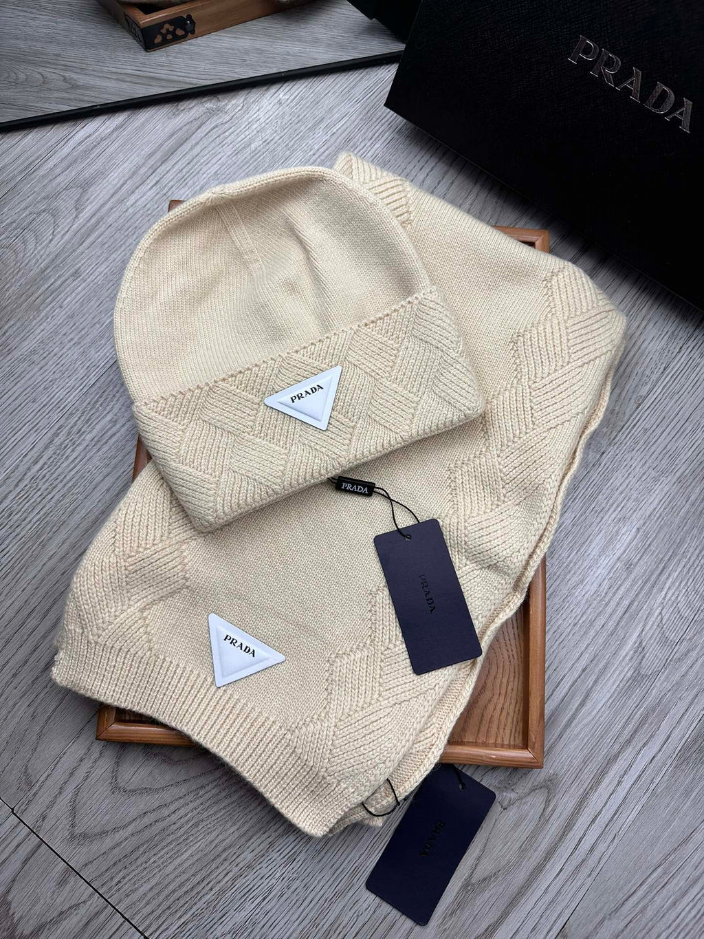 SET SCARF AND HAT IN BISQUE BEIGE WOOL AND RABBIT FUR 397405