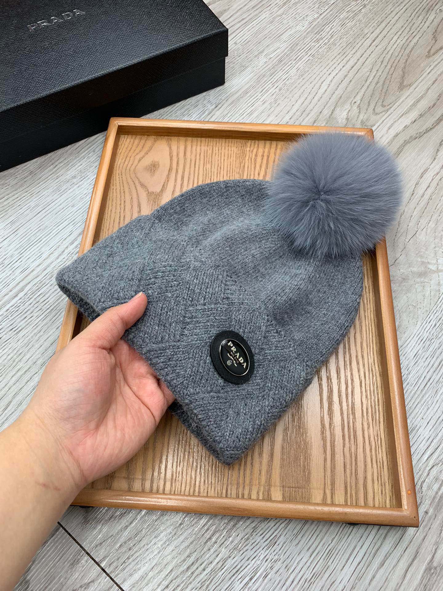 BEANIE HAT IN SHARK GRAY WOOL AND RABBIT FUR 346719
