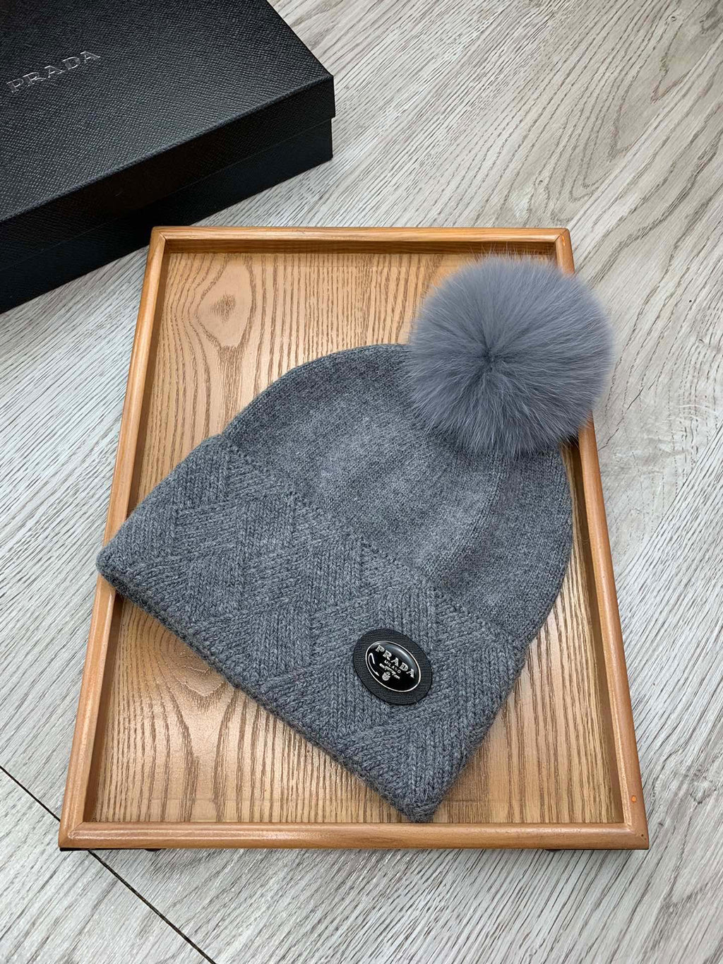 BEANIE HAT IN SHARK GRAY WOOL AND RABBIT FUR 346719