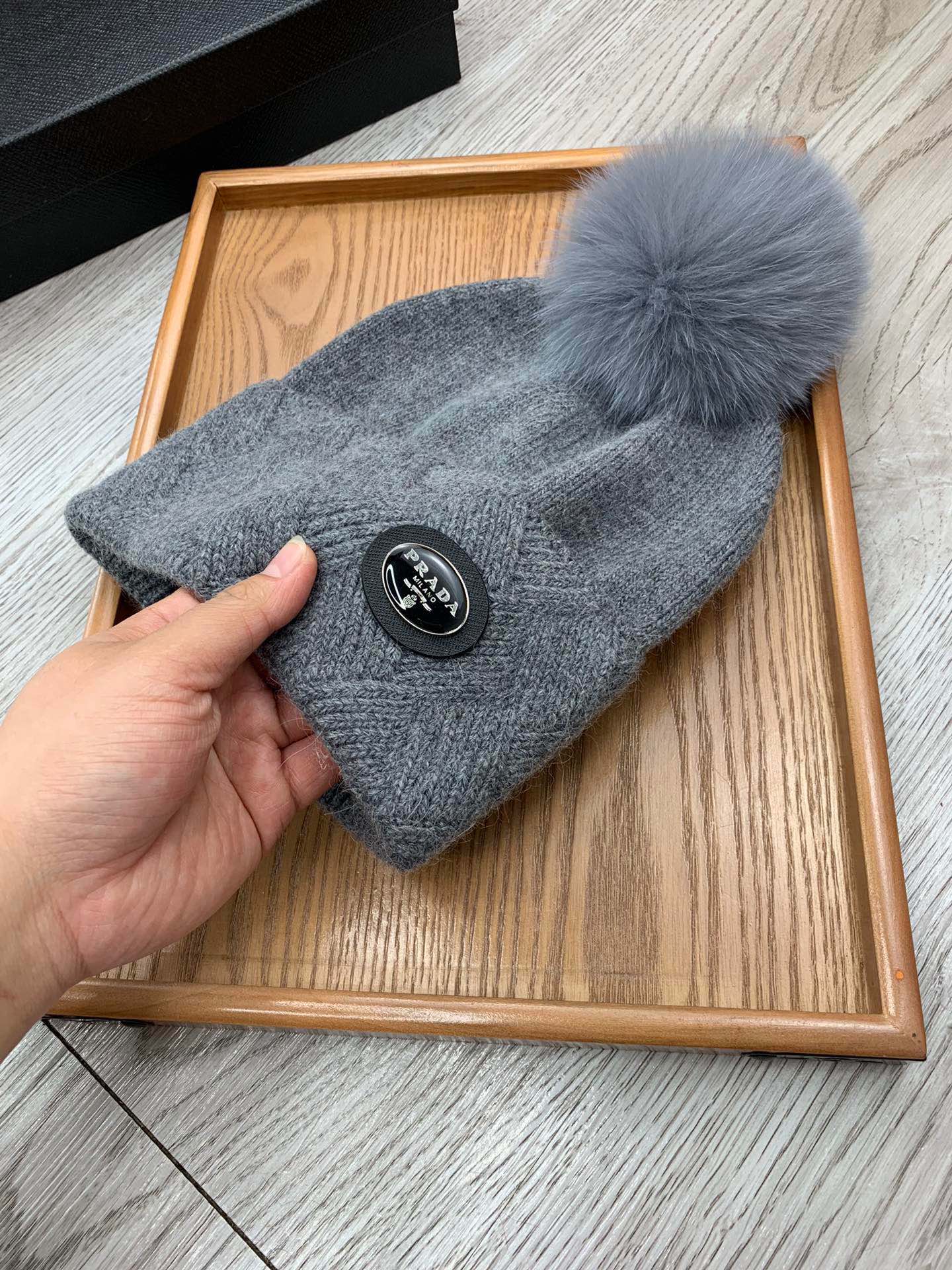 BEANIE HAT IN SHARK GRAY WOOL AND RABBIT FUR 346719